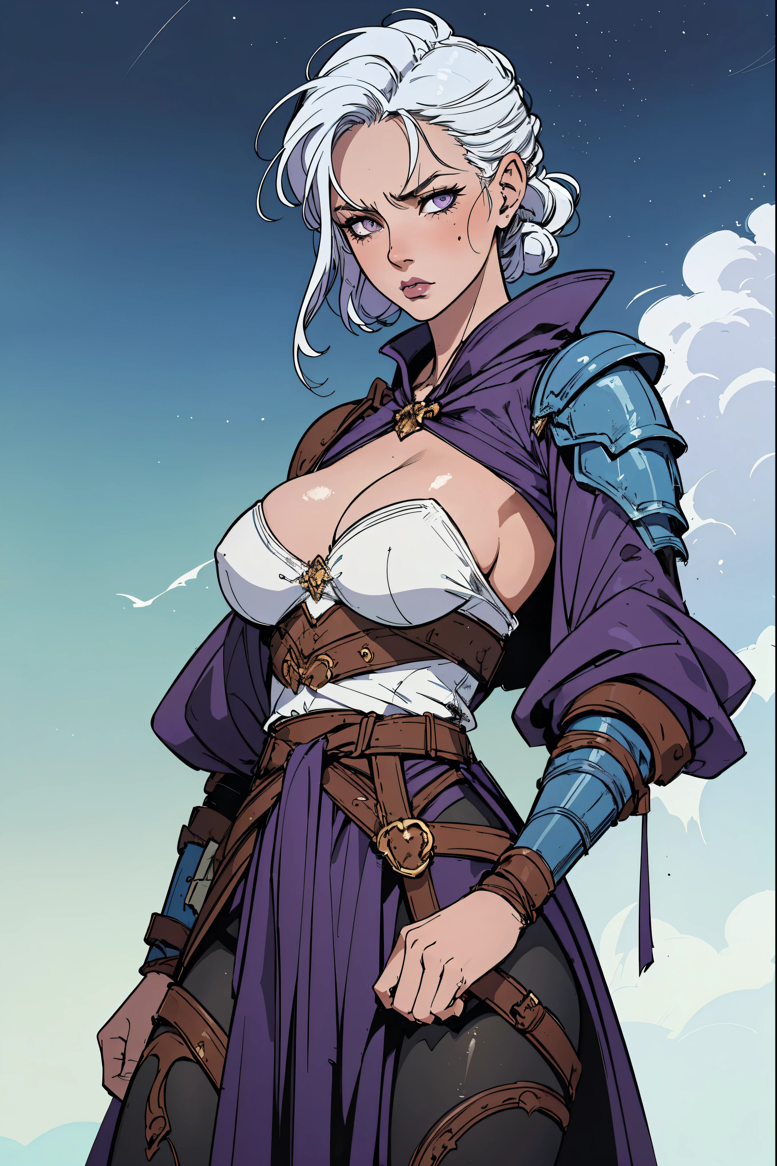 masterpiece:1.2, best quality, ultra detailed, absurdres,, mature woman, (blue_skin), archer, messy white_hair, shoulder length, 1girl, female_focused,, older, serious, confident, under purple_robes over gear, bowman gear, in the style of Kentaro Miura, fantasy, SCI-FI, fire background, medium breasts, breasts out
