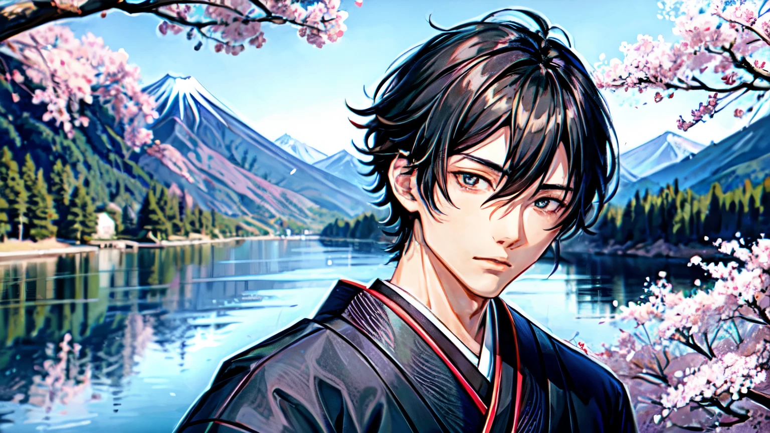 1 boy,black hair, (sketch:1.2), (night:1.4), (Japanese style:1.4),(High definition:1.4),Handsome guy,Mountain,river,cherry blossoms