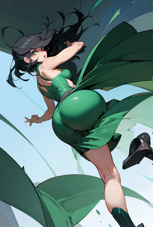 Fubuki in a tight green dress with heels and with a very big butt and very big breasts