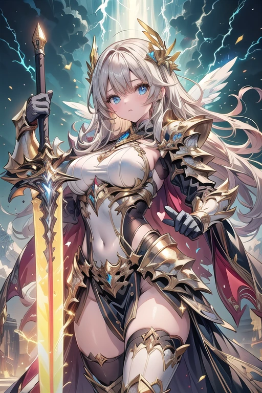super realistic image, high quality uhd 8K, of (1 god girl, Hilyn), detailed realistic ((athletic body, high detailed)), ((tall model)), (skinny waist), ((beautiful bright blonde long hair)), ((no beard)), high detailed realistic skin, (((powerful and fantastic full armor, divine golden fantasy armor))), (((casting lightning magic spells with great golden fantasy sword))), ((white fur cape)), ((magical hearts of light)), (in guardian position, in the valhalla), real vivid colors, standing