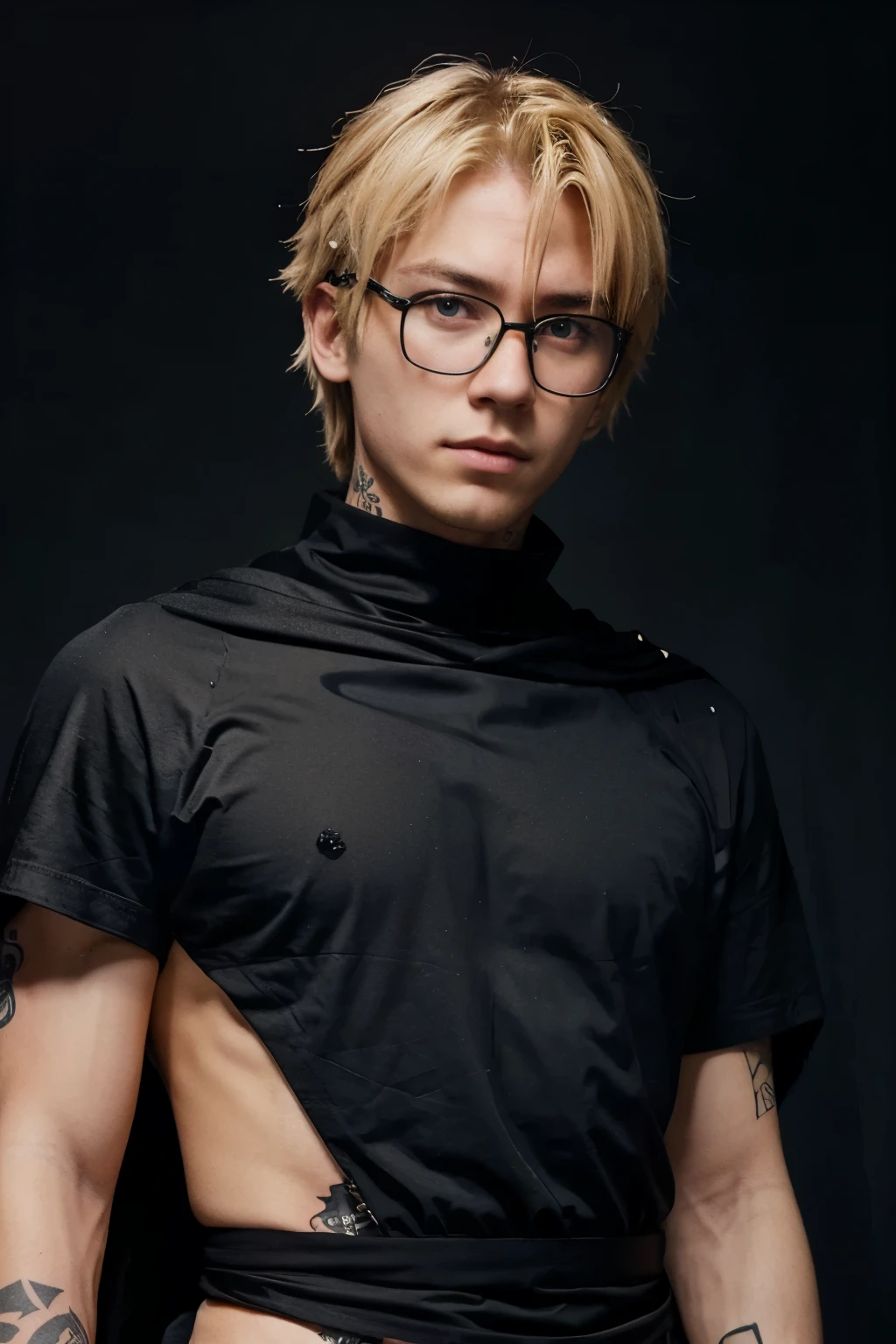 generate me a blonde male 20 years of age, with an all black outfit resembling a night or ninja. a cape slung across his right shoulder. the number 777 tattooed on his face, right under his eye, with sleek expensive glasses on. generate me a profile picture of this man. make it drawing like or an anime style resembling the anime death note. MAKE IT LOOK LIKE DIGITAL ART. simple art style looking like the anime death note
