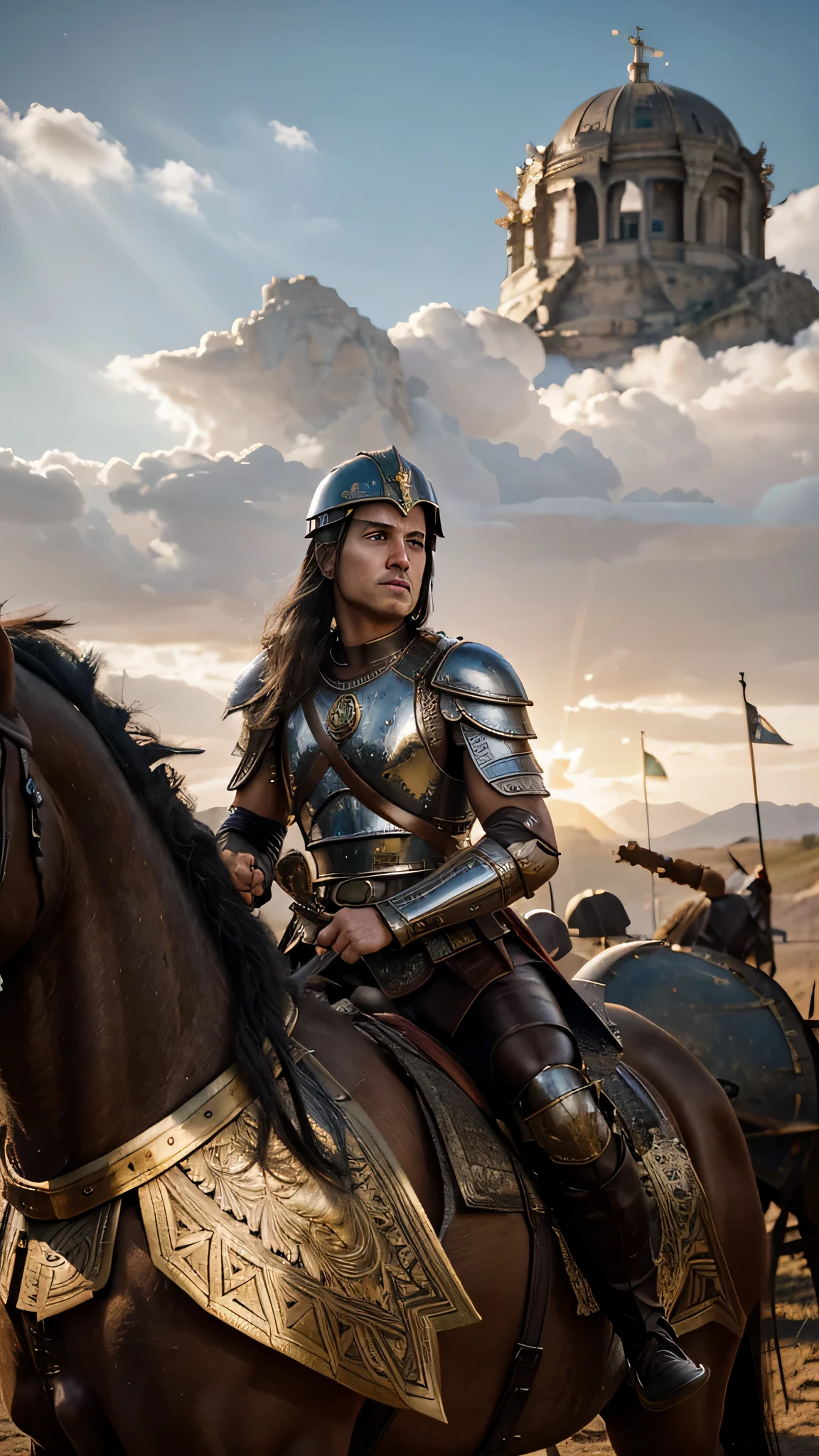 Alexander the Great of Roman empire,beautiful detailed eyes,beautiful detailed lips,extremely detailed eyes and face,long eyelashes,masterpiece:1.2,ultra-detailed,realistic:1.37,HDR,UHD,studio lighting,vivid colors,bokeh,warrior,imposing figure,conqueror of nations,roman armor,bronze helmet with feathers,gleaming breastplate,strong muscular physique,stern expression,commanding presence,wisdom beyond his years,sword in hand,ornate shield,battlefield backdrop,ambitious conqueror,expansive empire,vast army marching behind him,mighty chariots,triumph and victory,heroic leader on horseback,dramatic sunset,scorching sunrays piercing through clouds,faint aroma of blood and sweat,rays of hope,unyielding determination,master tactician,strategic mind,legacy that shaped history,battles etched onto his face,eternal symbol of power and dominance,leader of the Roman Empire.