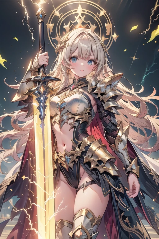 super realistic image, high quality uhd 8K, of (1 god girl, Hilyn), detailed realistic ((athletic body, high detailed)), ((tall model)), (skinny waist), ((beautiful bright blonde long hair)), ((no beard)), high detailed realistic skin, (((powerful and fantastic full armor, divine golden fantasy armor))), (((casting lightning magic spells with great golden fantasy sword))), ((white fur cape)), ((magical hearts of light)), (in guardian position, in the valhalla), real vivid colors, standing
