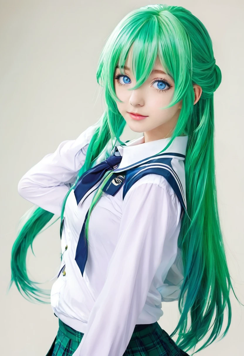 Blue-eyed anime girl, long green hair, High School Outfit