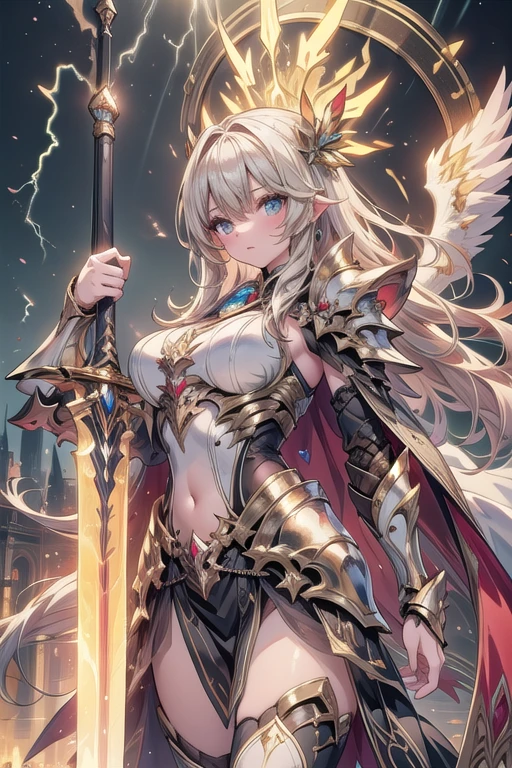 super realistic image, high quality uhd 8K, of (1 god girl, Hilyn), detailed realistic ((athletic body, high detailed)), ((tall model)), (skinny waist), ((beautiful bright blonde long hair)), ((no beard)), high detailed realistic skin, (((powerful and fantastic full armor, divine golden fantasy armor))), (((casting lightning magic spells with great golden fantasy sword))), ((white fur cape)), ((magical hearts of light)), (in guardian position, in the valhalla), real vivid colors, standing
