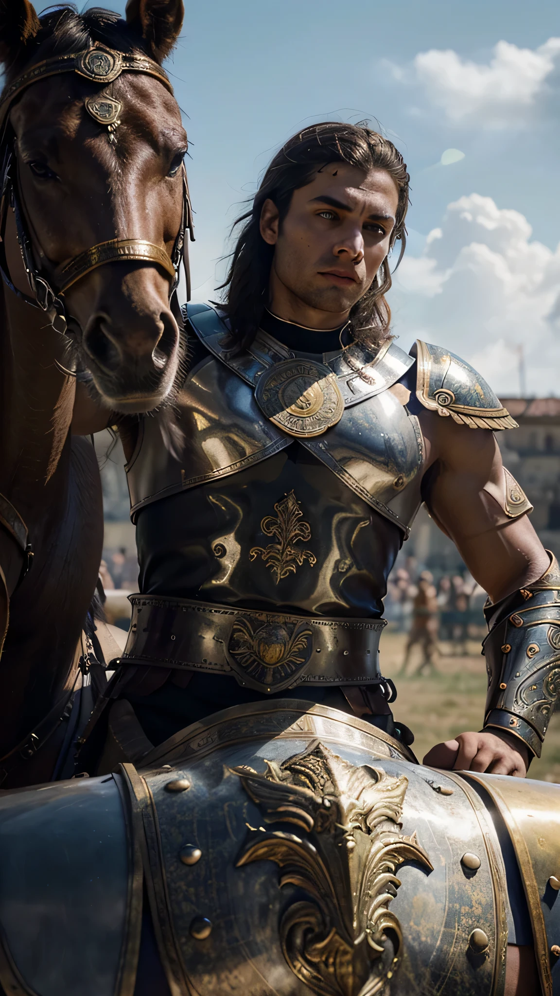 Alexander the Great of Roman empire,beautiful detailed eyes,beautiful detailed lips,extremely detailed eyes and face,long eyelashes,masterpiece:1.2,ultra-detailed,realistic:1.37,HDR,UHD,studio lighting,vivid colors,bokeh,warrior,imposing figure,conqueror of nations,roman armor,bronze helmet with feathers,gleaming breastplate,strong muscular physique,stern expression,commanding presence,wisdom beyond his years,sword in hand,ornate shield,battlefield backdrop,ambitious conqueror,expansive empire,vast army marching behind him,mighty chariots,triumph and victory,heroic leader on horseback,dramatic sunset,scorching sunrays piercing through clouds,faint aroma of blood and sweat,rays of hope,unyielding determination,master tactician,strategic mind,legacy that shaped history,battles etched onto his face,eternal symbol of power and dominance,leader of the Roman Empire.