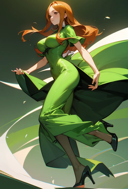 Orihime in a tight green dress with heels and with a very large butt and very large breasts