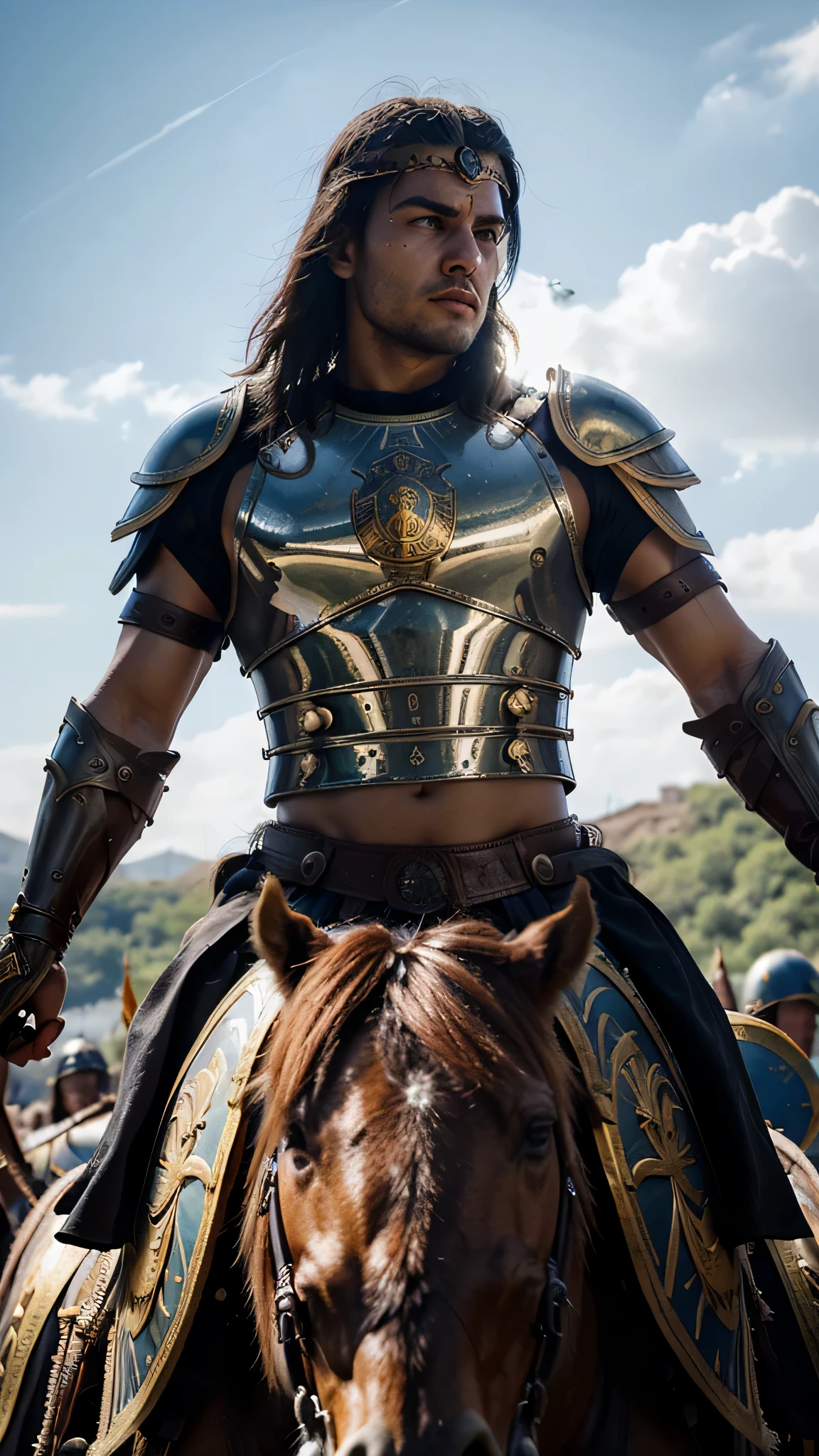 Alexander the Great of Roman empire,beautiful detailed eyes,beautiful detailed lips,extremely detailed eyes and face,long eyelashes,masterpiece:1.2,ultra-detailed,realistic:1.37,HDR,UHD,studio lighting,vivid colors,bokeh,warrior,imposing figure,conqueror of nations,roman armor,bronze helmet with feathers,gleaming breastplate,strong muscular physique,stern expression,commanding presence,wisdom beyond his years,sword in hand,ornate shield,battlefield backdrop,ambitious conqueror,expansive empire,vast army marching behind him,mighty chariots,triumph and victory,heroic leader on horseback,dramatic sunset,scorching sunrays piercing through clouds,faint aroma of blood and sweat,rays of hope,unyielding determination,master tactician,strategic mind,legacy that shaped history,battles etched onto his face,eternal symbol of power and dominance,leader of the Roman Empire.