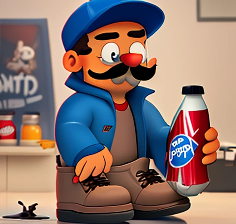 Scruffy the Janitor holding Pepsi Maple Syrup on IHOP, Gray Mustache, Maroon Flat Cap, Blue Techwear Jacket, Blue Jeans, Brown Shoe, Style of Futurama