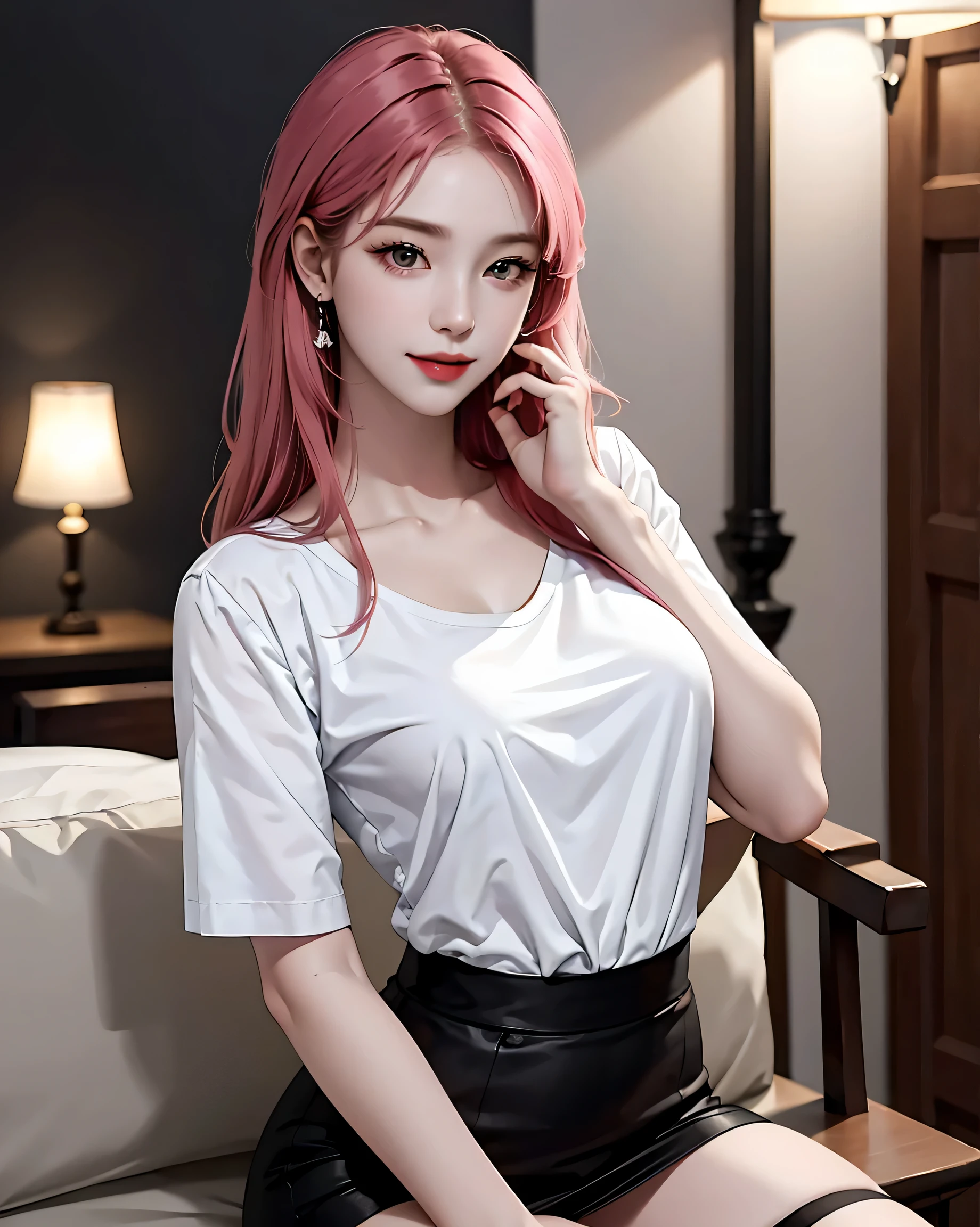 17:57:07 Expires in 13 days realistic, High resolution, soft light,1 female, alone, hip up, glowing skin, (detailed face),tattoo, jewelry, secretary uniform, white shirt, black skirt, black stockings, garter belt, night, pink hair, wavy hair, beautiful soldier, Eyes that invite the viewer, Spouse&#39;perspective, attractive appearance, sexy smile, perfect style, perfect balance, fine skin, naughty look, I can see your breasts,Medium chest, ((erect nipples)), thin waist,(show off your nipples)，big breasts