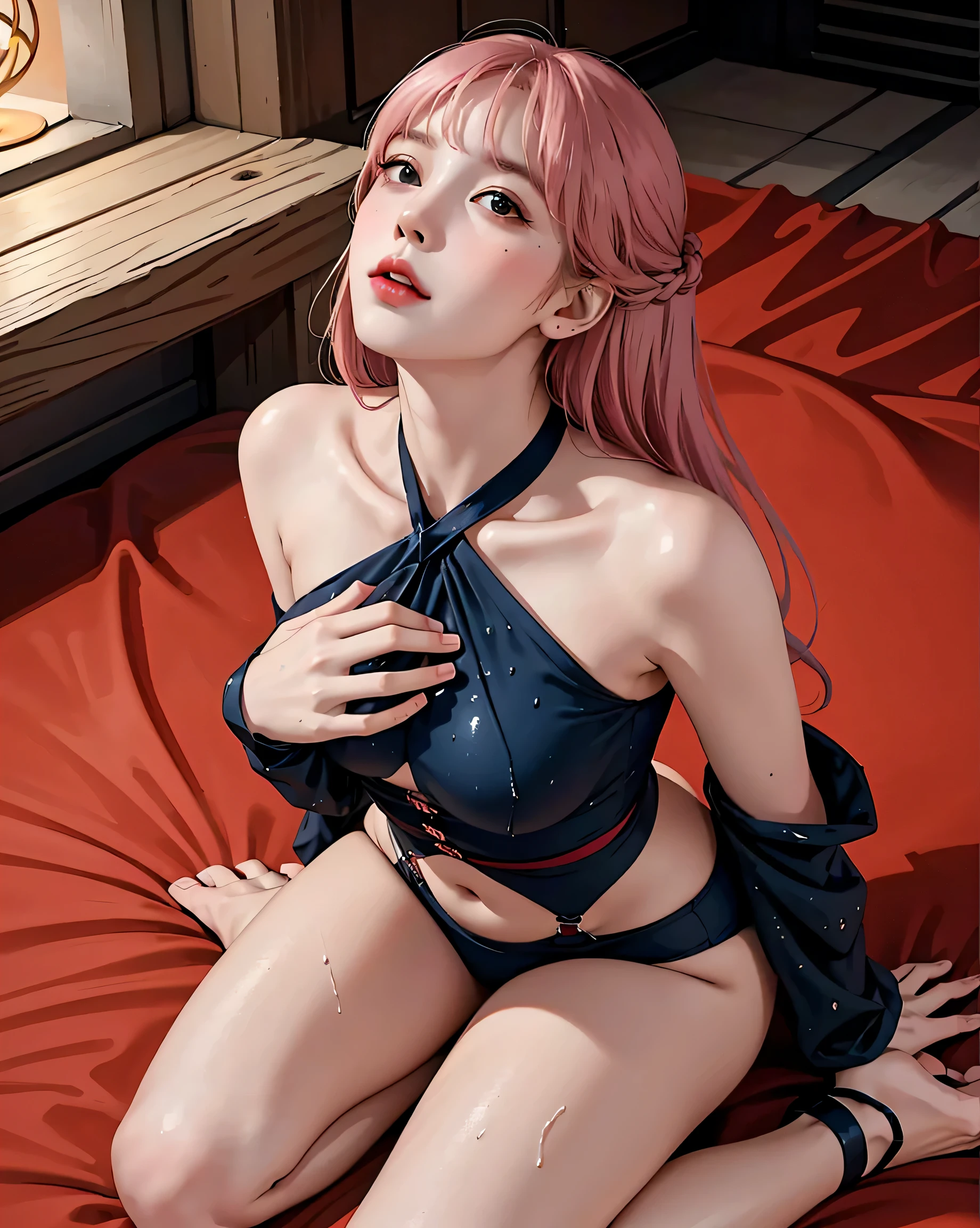 best image quality, 8K, master piece:1.3)),  Beautiful woman with slender abs:1.3, (casual hairstyle, big breasts leaking:1.2), hands tied behind her back, shift dress:1.1, Extra-fine face, pink rose hair, ((underboob)),detailed eye, double eyelid，(bondage:1.3)，Sheer swimwear at home, And that sense of fulfillment, wet clothes, hyper hd, masterpiece, advanced details, high quality, Massut works highest quality, highest quality, hyper hd, maximum resolution, very detailed, beautiful skin, anime, full body, thin, very cute, , braided hair, lying down, wide open legs, raised my feet, erotic lingerie, Half-undressed clothes, half of it flows down, wet clothes,, Clothing visible at the tip of the chest, Sweat, lightly dressed, Clothes that show your stomach, under bust, embarrassing, blush, kneel down, profile blowjob, sitting on her lap, spread the thighs, hands tied behind, sexy pose, kneel down, sexy maid dress, eye contact with the man above her, man standing over her, (Look up at the man:1.6), intense eye contact