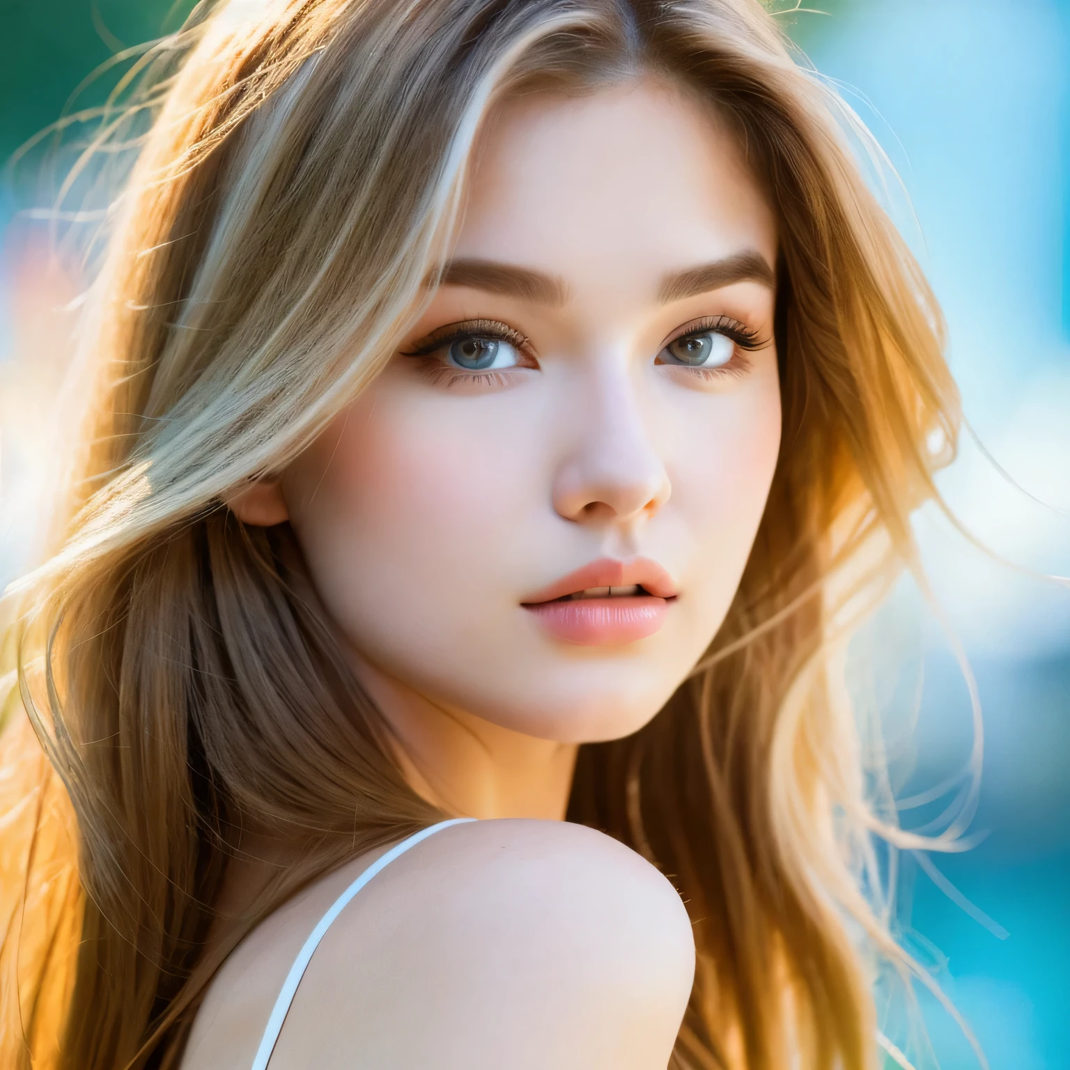 Realistic front face portrait with neutral background of an 18-year-old Russian woman, with white skin, wavy hair, thick lips, thin and straight nose, thick eyebrows, long eyelashes, chubby complexion.
Eye color should be light blue. The lighting should emphasize details such as lips and nose. Hair must be natural looking. Facial expression should be relaxed and in a serene environment with the focus predominantly on each person and hair.