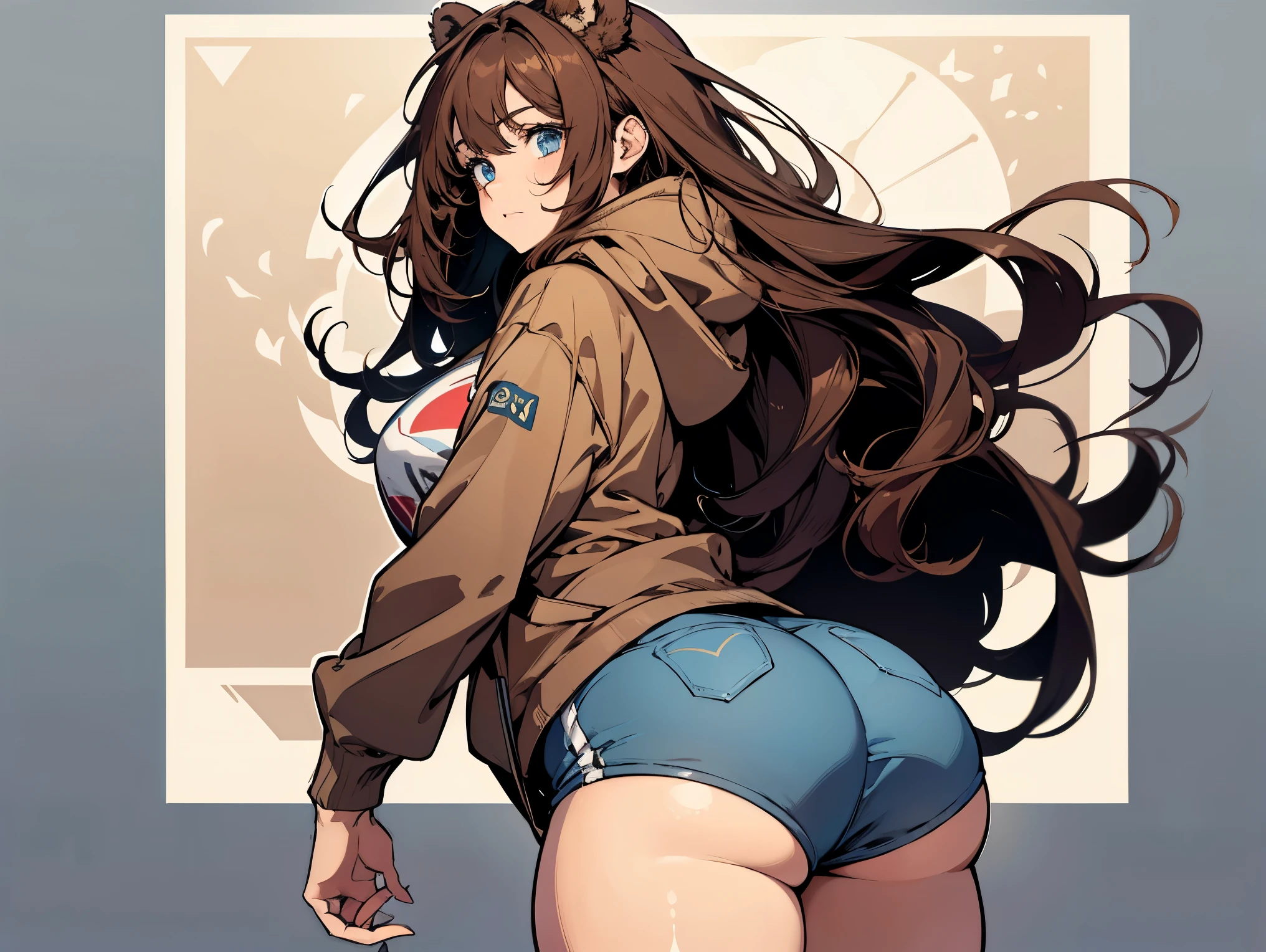 1 female, teacher, wearing brown hoodie, short bootyshorts, Thicc ass, large breast, brown hair, long hair, brown bear ears, light blue eyes, face to detail, detailed eyes, the background is a pizzaria, front view profile