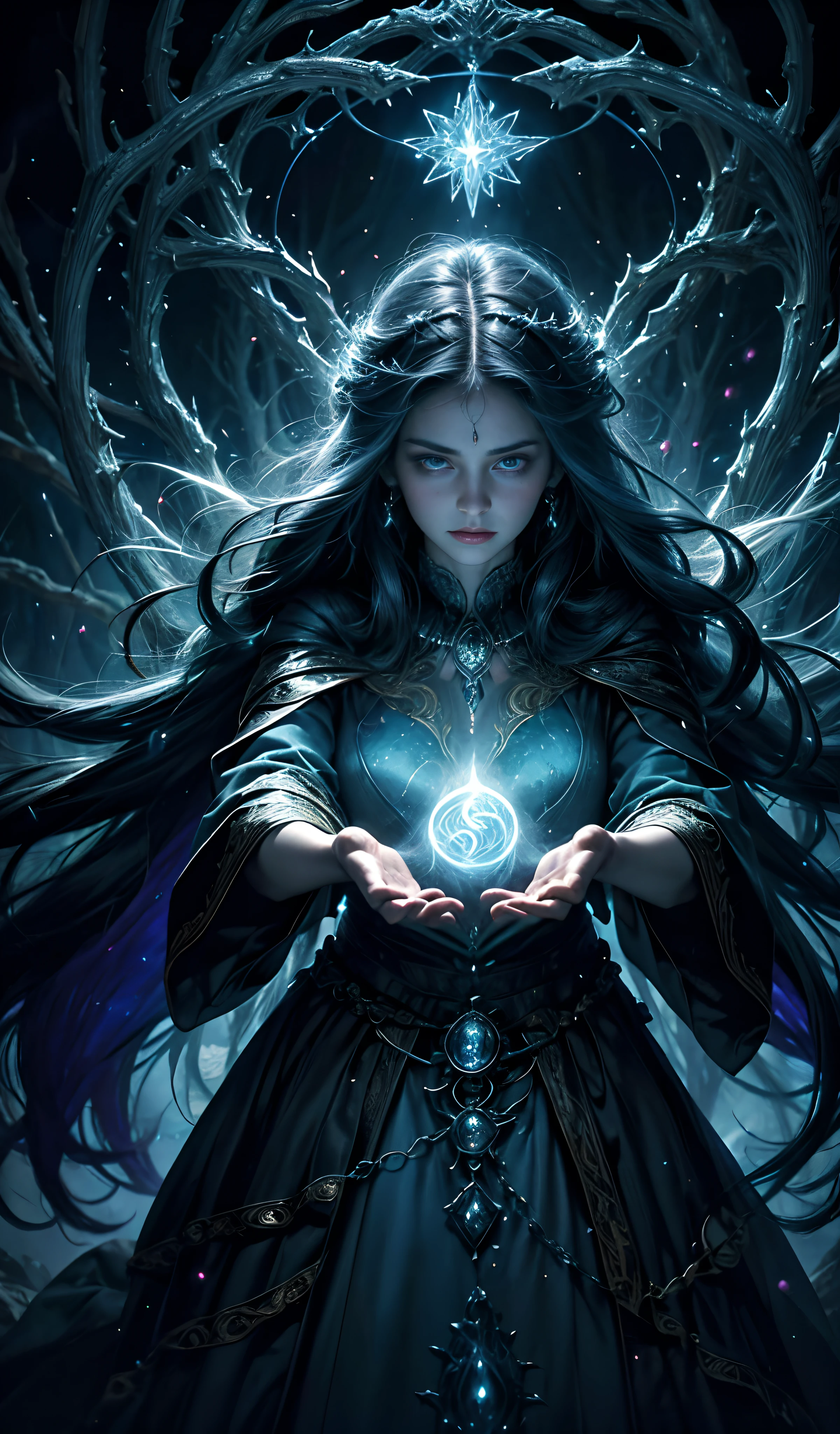 A powerful wizard, standing in a mystical forest. Their flowing robes adorned with symbols, arms outstretched, eyes sparkling with arcane energy. As their incantation escapes their lips, vibrant, swirling patterns of dark magic manifest in the air, pulsating with hues of reds and blues. Enchantment permeates, causing flowers to bloom, creatures to gaze in awe. Wisps of magic energy dance, revealing hidden realms, unlocking secrets. Capture the essence of this spellbinding moment, bringing the mystic power of the dark enchantment to life on the canvas with the highest quality and detail. Best quality, masterpiece, ultra high res, (photorealistic:1.4), raw photo, sharp focus, HDR, detailed skin.
