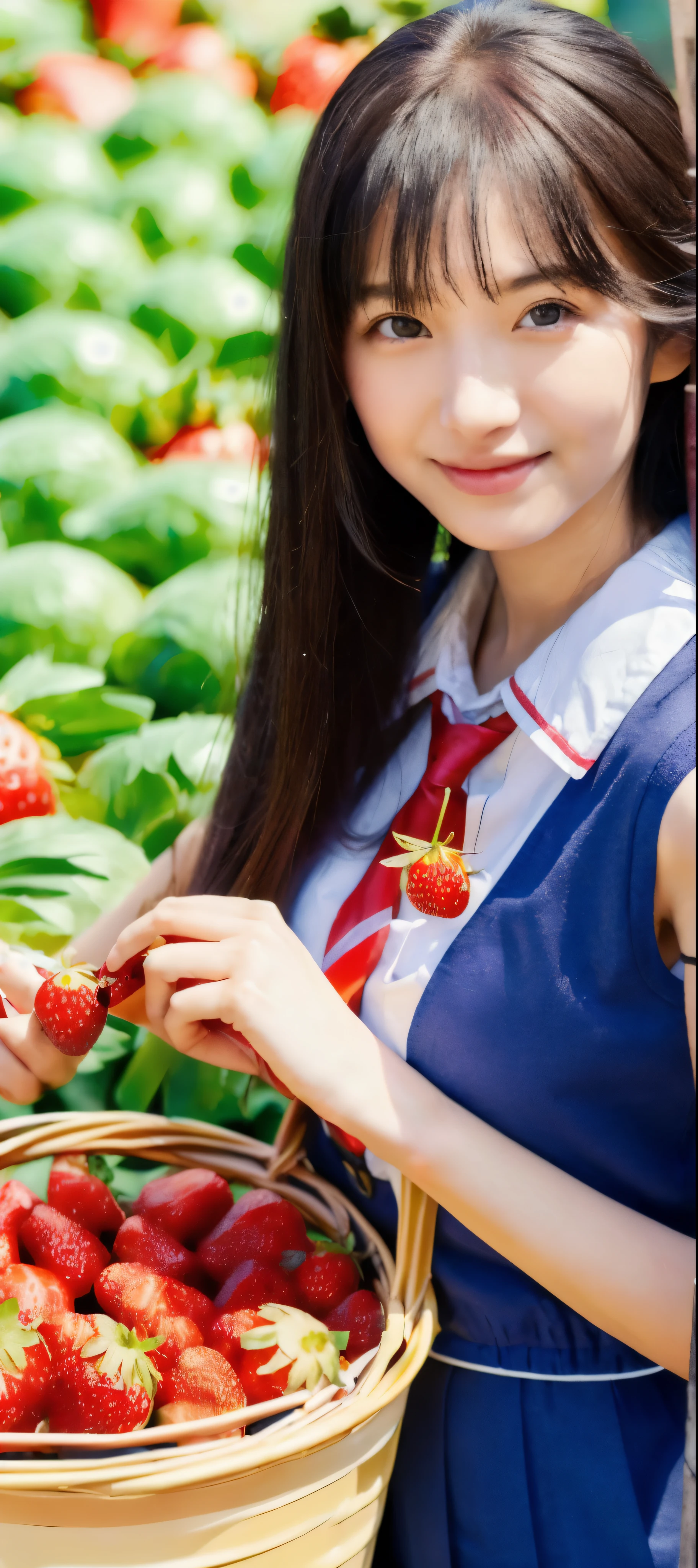 best quality, ultra high res, (1 girl:1.4), solo,(upper body:1.2), (photorealistic:1.4), (pretty girl:1.2),big breasts,balck long hair, parted bangs,air bangs, red lips,light_smile,(shot hair), wet, messy_blue hair, stick out,(school uniform:1.4),white shirt with blue collar, blue shorts,(looking at viewer:1.4),(a basket on her forearm:1.4),(picking strawberries:1.4), (strawberry farm:1.4), (rows of plants:1.4), (red berries:1.4), green leaves, sunshine, (baskets:1.2), picking,(pureerosface_v1:0.5)