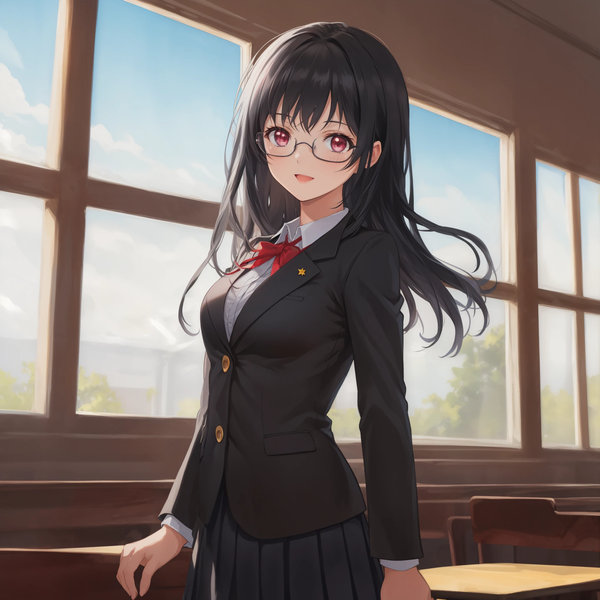 beautiful illustrations, highest quality, pretty girl,{{From side Below}},classroom,high school girl,BREAK,{{blazer,pleated skirt,red ribbon}},{{{Glasses}}},beautiful medium size breasts 1:2,happy,BREAK,{coarse hair black hair}},{{beautiful eye1:4}},{{look far away}},