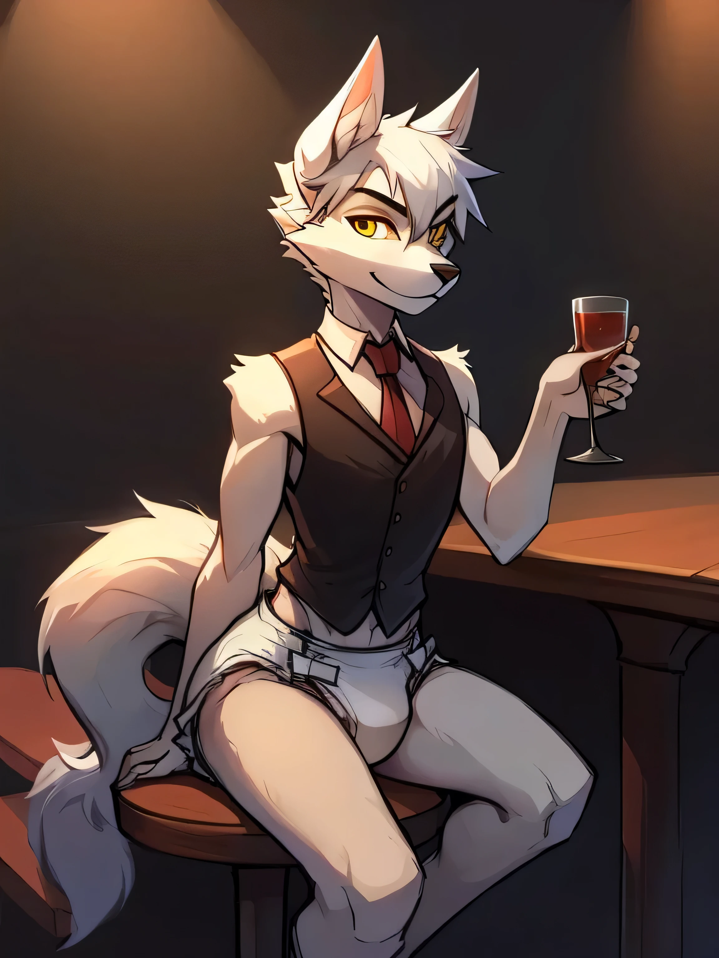 Male, arctic wolf, detailed yellow eyes, long tail, bartender, slim, sly, simple background, plain diaper with four tapes, sitting on bar