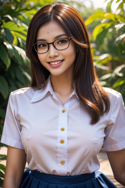 (beautiful detailed eyes,beautiful detailed lips,extremely detailed eyes and face, long eyelashes, brown hair), (pin-up style, fashionable), (portrait, colorful, vibrant, dynamic), (best quality, high resolution:1.2), (realistic:1.37), (bokeh, soft lighting), (traditional student uniform, pleated skirt), (confident, charismatic expression), (garden background, greenery, flowers), (accessories: glasses), (high cheekbones, radiant skin), (Indonesian culture, batik pattern on the uniform), (professional photography, studio lighting), (subtle makeup, enhancing features), (positive and friendly aura), (sharp focus, attention to detail), (graceful posture, standing or sitting), (playful and joyful atmosphere), (color palette: warm tones, dominant red and yellow), (natural sunlight, soft shadows), (artistic rendering, vibrant brushstrokes), (attention to hair texture and shine), (captivating smile, pearly white teeth