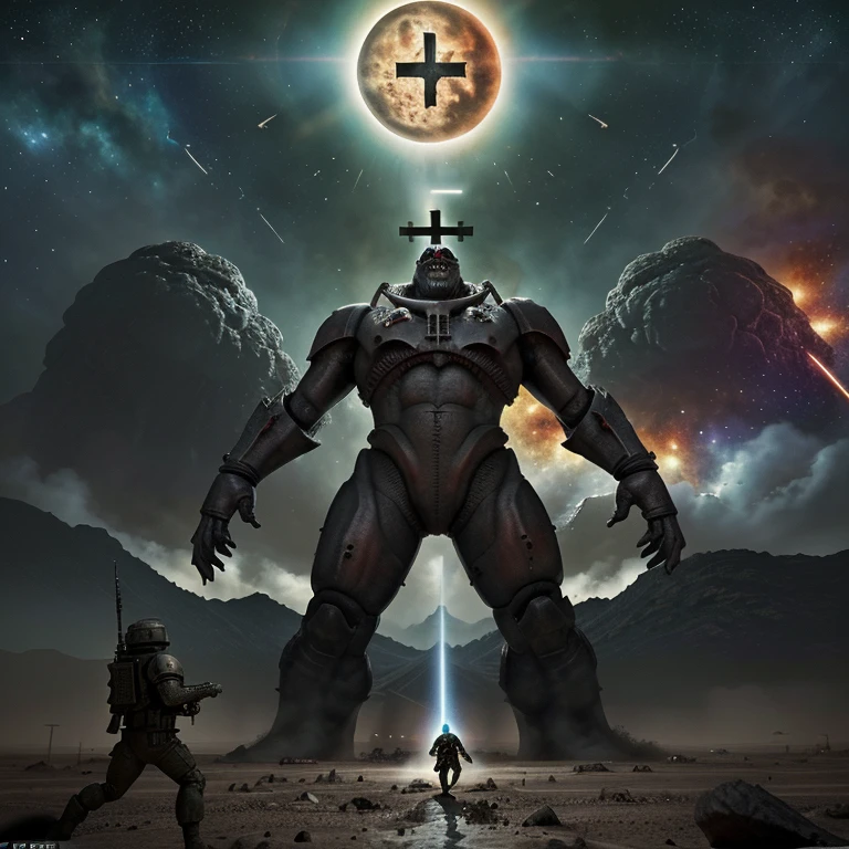 Monsters of various sizes the environment that is equal to hell and in heaven planets and galaxies also some soldiers fighting for freedom and in the background a dictator with a cross and demons at his side