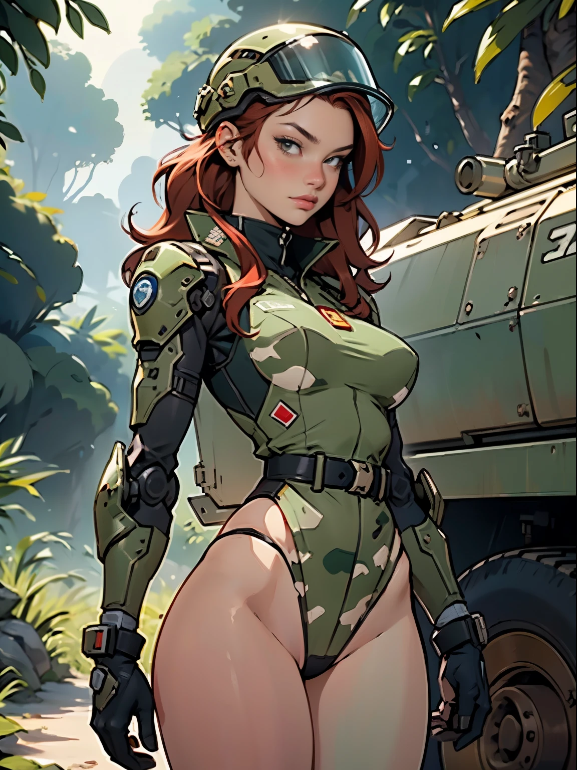 1woman 20 years old, sculpted, military, wearing a soldier helmet, beautiful, perfect body, realistic, red hair, perfect body, thin waist, full outfit, nice hips, large breasts, slim thighs, jungle background, armored vehicle, flying fighters, military robot dog, camouflaged uniform, wealth of details, tight panties marking on the front, head to toe, highly detailed, high resolution, prefect hands, slender thighs