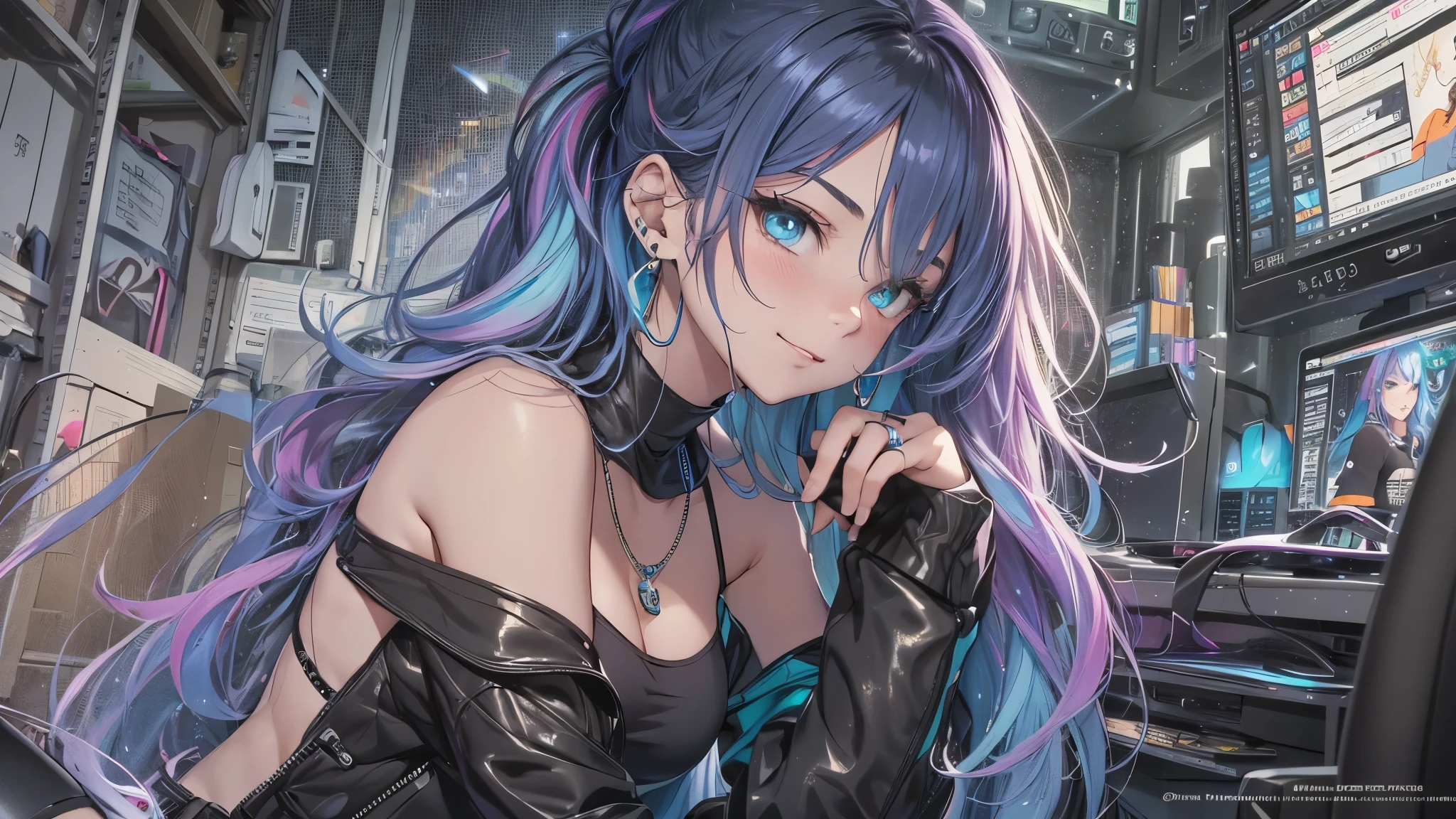 highest quality, Best image quality, girl, 20 years old, medium bust, plump breasts, sparkling amber eyes, aqua eyes, eye reflection, long upper lashes, (((rainbow hair))), long messy hair, Wavy, Top ponytail, ((Black sexy strapless short tube top)), leather jacket, (white denim hot pants), ((Black thigh socks)), Smile, glowing headphones, Diamond earrings, wristband, necklace, ring, ((squat on the chair)), in front of a computer, Playing video games, Leaning forward, Open one shoulder, elated, naughty face, Look at the computer, light blush, beautiful art, background((Hacker Room, Server room, neon lights, braces, notebook)), flight, Debris flying, writing border depth, Movie, visual art, Perfect art, real, Verism, anime style, glowing light, cinematic lighting, chiaroscuro, ray tracing, 8K, masterpiece, super textured skin, super detail face, perfect face, Super fine facial details, beautiful and delicate eyes, perfect eyes, correct limbs, correct figner, super detail figner, best hair quality, best clothing quality, best prop quality