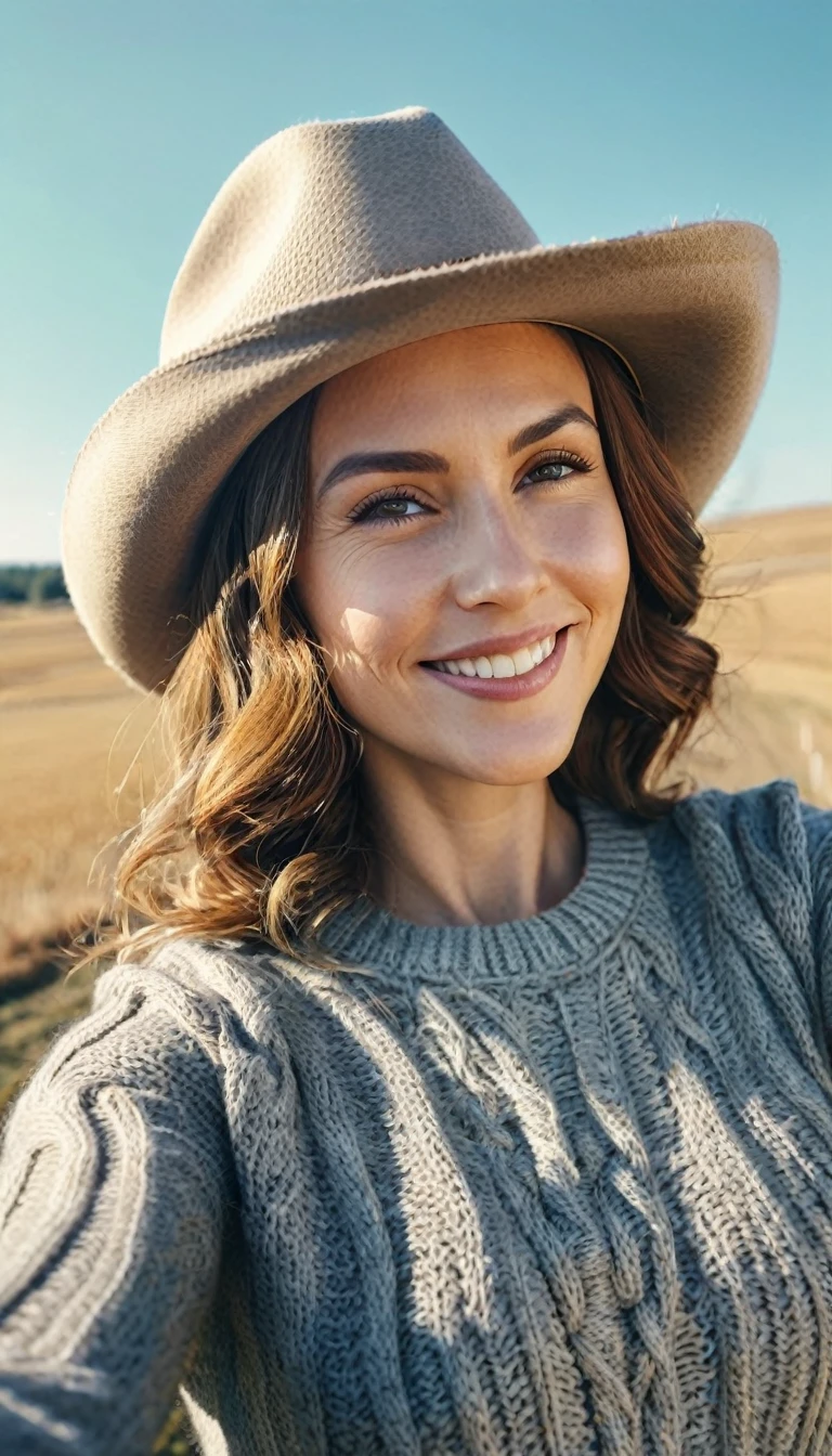 (RAW style, masterpiece, best quality, ultra-detailed), 35 year old woman posing outdoors, rural landscape, (selfie:1.2) wearing cowboy hat, grey cable knitted sweater, medium-sized breasts, republican, Christian, cheerful, happy (smiling), clear sky, analog style, (skin texture, film grain), cinematic light, sidelighting, ultra high res