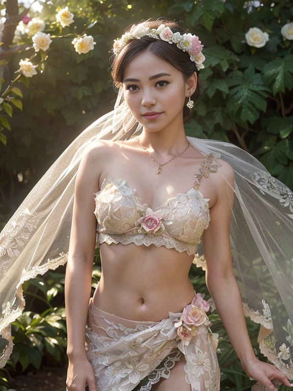 masterpiece, (photorealistic:1.4), best quality, beautiful lighting, rose garden, outdoors, upper body, 1 girl, natural beautiful female, slender woman, ((small breasts)). bride of flower, blushing face, smiling, ((chignon blonde hair)), gold eyes, detailed, intricate, RAW photo, 8k uhd, film grain,
(((extremely detailed flower lace brassiere, loincloth,  flower wedding veil))),
extremely detailed gorgeous flower tiara, gorgeous flower necklace