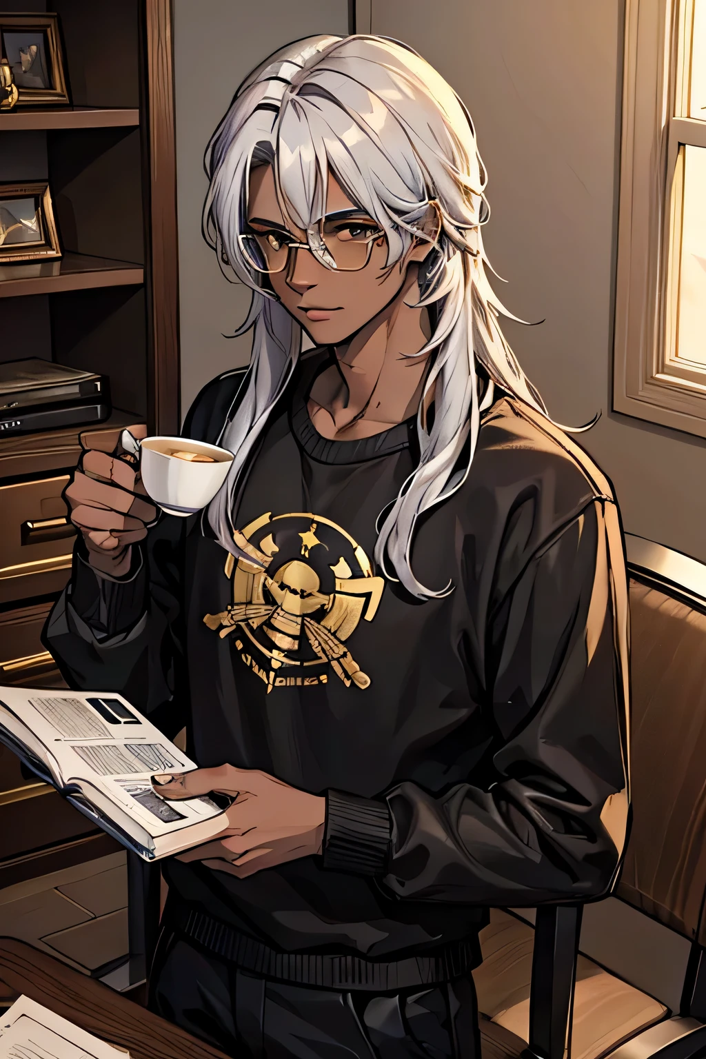 21-year-old male, black skinned, sliver hair, Sweaters, chest muscle, Gold-framed glasses, standing hold a cup of tea. With laptops and well arranged dollars cash behind him. Laptops, silver hair