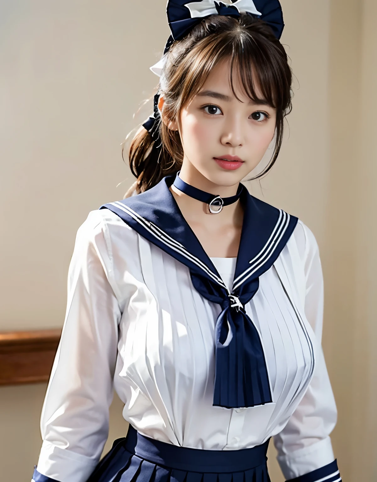NSFW, 16k raw photos, highest quality, masterpiece, ultra high resolution, film grain, ((She is wearing (a high school sailor uniform).
(navy sailor collar:1.4),(white shirt:1.4),(navy pleats skirt:1.4),(navy bow:1.4))).film, 1 girl, look at the audience, Natural skin texture very heavy chest))),Realistic eye and face details, full lips, lipstick makeup), red eyeshadow, Fluffy ponytail hair, messy hair, A sloppy smile, beautiful legs, tall woman, skinny, slim_Legs, solo, huge breasts, cleavage, butt, shirt,, around the flower position, (detailed background,skimpy white shirt, huge breasts, cleavage, blurred background, plaid,, ((JK with a silver ribbon wrapped around her neck))),big JK ribbon, brown hair, bracelet, water, bangs, jewelry, parted lips,, Depth of bounds written、Underarm pussy、beautiful sea、water color striped pattern、beautiful sandy beach、