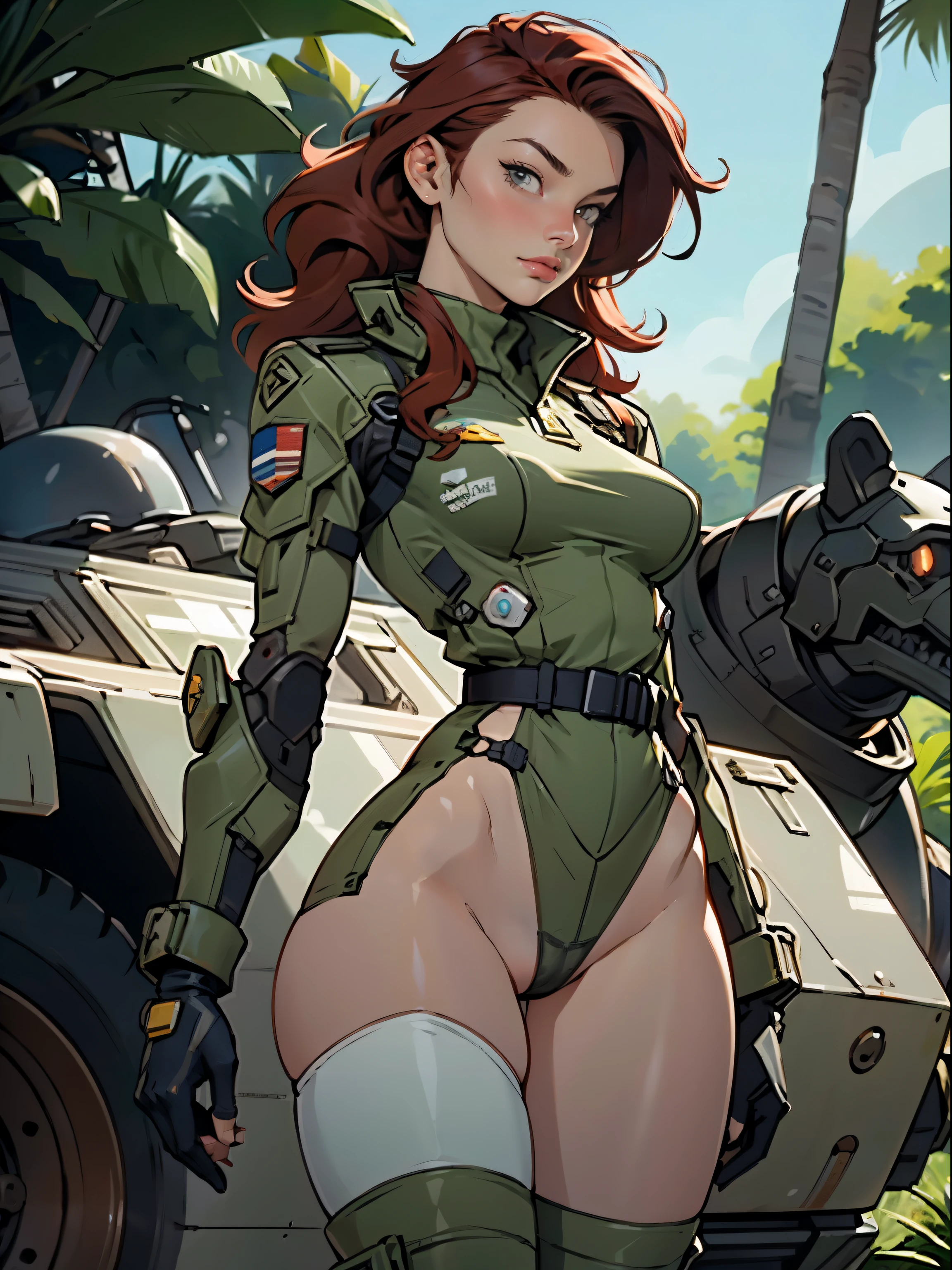 1woman 20 years old, sculpted, military, wearing a soldier helmet, beautiful, perfect body, realistic, red hair, perfect body, thin waist, full outfit, nice hips, large breasts, slim thighs, jungle background, armored vehicle, flying fighters, military robot dog, camouflaged uniform, wealth of details, tight panties marking on the front, head to toe, highly detailed, high resolution, prefect hands, slender thighs