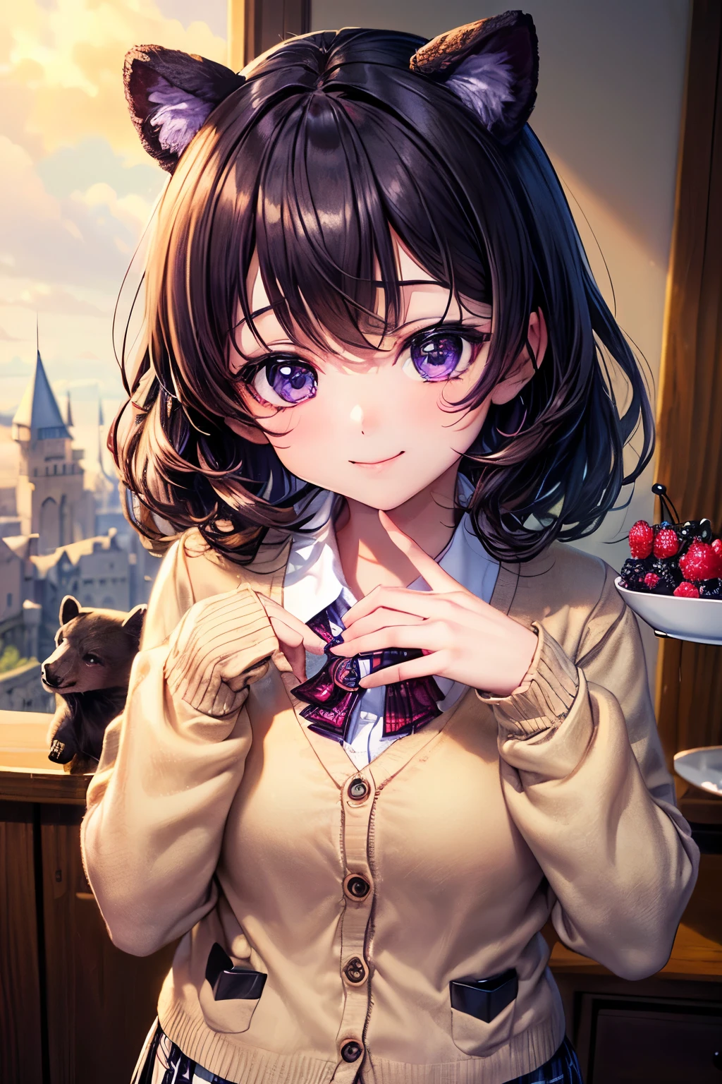 ((worst quality, low quality)), muste piece,best quality,Super detailed,masterpiece, (Castle:1.3), (テーマパークのCastleの背景:1.2), ((Close-up)), ((face focus)), ((Kemonomimi girl with black bear ears:1.2)), solo, ((Black hair berry berry short:1.3)), plump and glossy lips, (Beautiful purple eyes:1.3), spoken word heart, (best smile), spoken word heart, (Cute Pose:1.2), (school uniform:1.2), (Beige cardigan fits the body:1.4), ((Long sleeves, sleeves past the wrist):1.2), (perfect hands:1.4), (White collar shirt underneath:1.3), ((raise button, Not loose):1.5),(red plaid pleated skirt:1.3), ((Dark Brown Pantyhose Afers):1.2), best quality, masterpiece, 32k,