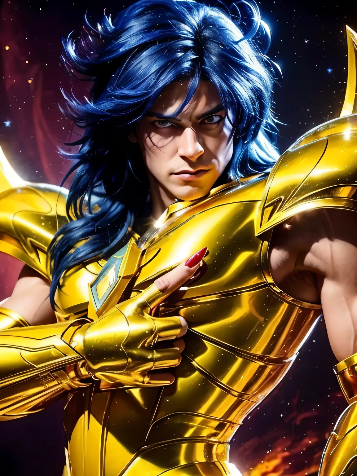 Cinematic stunningly detailed and ultra-realistic Milo Scorpio of Saint Seiya. Close up. He is wearing a golden metallic armor. Octane is the perfect tool to capture the softest details of this 16k photography masterpiece. He is a handsome caucasian man about 30 years old. 1boy. Beautiful face. Detailed face. Beautiful nose. ((Pretty big turquoise eyes)). Perfect eyes. ((well done eyes)), ((big blue eyes)). Defined eyes. Shaved. He has long ((blue) hair. Messy hair. ((Shaved)). He is staring his enemy. Right arm crossed in front chest. Long finger index red nail pointing (((Long Scarlet index finger nail))). Golden armor. Metallic armor. Cosmic purple background.
