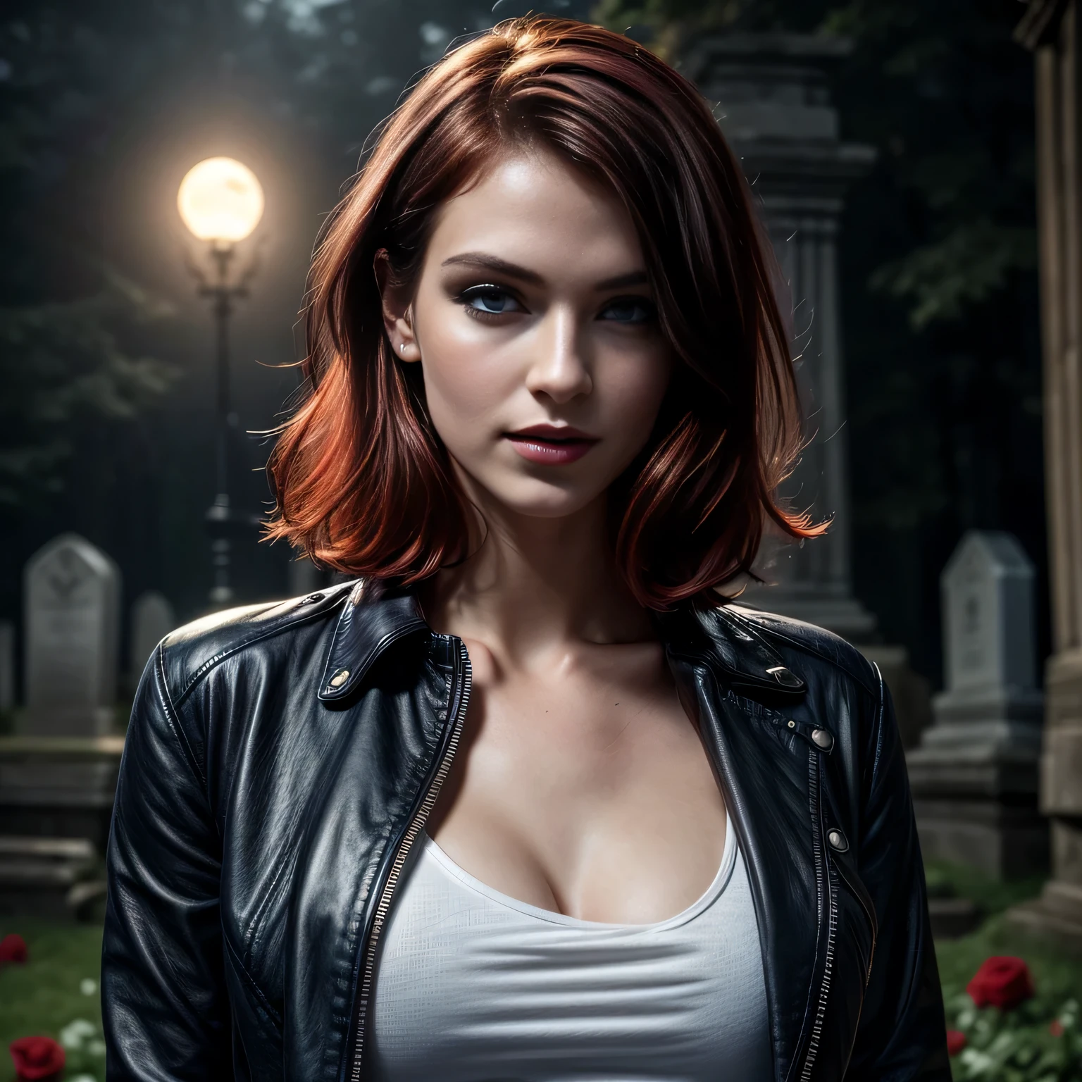 (Masterpiece, Best Quality:1.3), absurdres, (8k resolution),HDR,high-definition,[[Intricate Details]],cinematic,photorealisticportrait shot, ((vivid red short chanele hair)), young woman, 20 years old, triangular face, moonlight, cemitery background, tombstones, red roses, depth of field, magic, big red lips, ((dark blue eyes)) black leather jacket, white t-shirt and jeans, covered chest, mystical atmosphere, smile expression, posing, taut and well defined body, attractive. Highly realistic, pale skin, beautiful, hyperrealism, skin very elaborated, direct gaze
