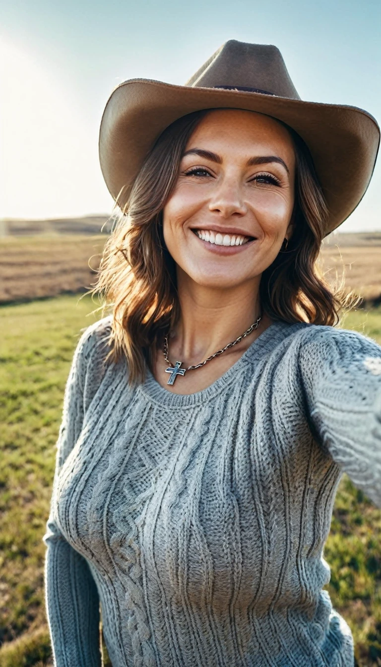 (RAW style, masterpiece, best quality, ultra-detailed), 35 year old woman posing outdoors, rural landscape, (selfie:1.2) wearing cowboy hat, grey cable knitted sweater, medium-sized breasts, republican vibes, tiny Christian cross on necklace, cheerful, happy (smiling), clear sky, analog style, (skin texture, film grain), cinematic light, sidelighting, ultra high res