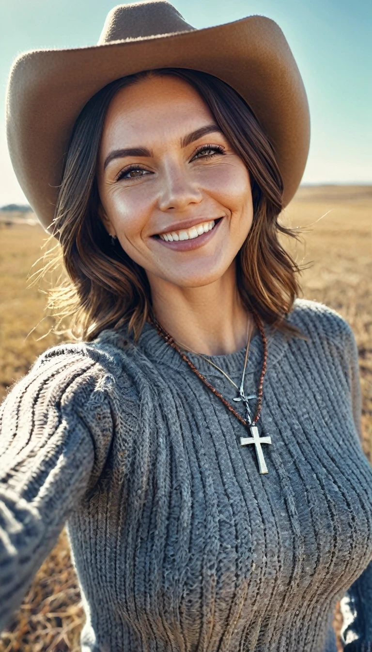 (RAW style, masterpiece, best quality, ultra-detailed), 35 year old woman posing outdoors, rural landscape, (selfie:1.2) wearing cowboy hat, grey cable knitted sweater, medium-sized breasts, republican vibes, tiny Christian cross on necklace, cheerful, happy (smiling), clear sky, analog style, (skin texture, film grain), cinematic light, sidelighting, ultra high res