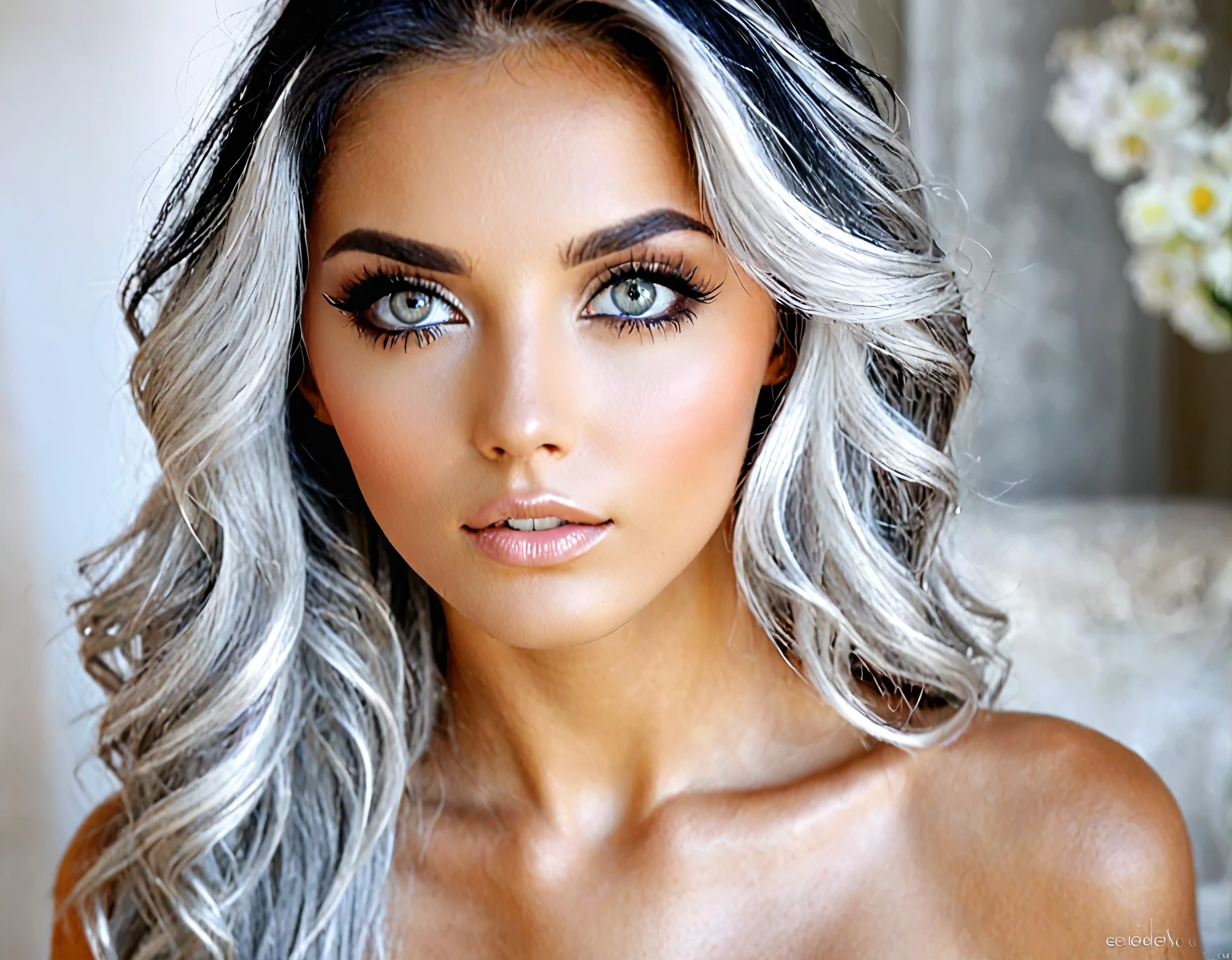 Mujer blanca, ojos grises, cabello negro, belleza impresionante