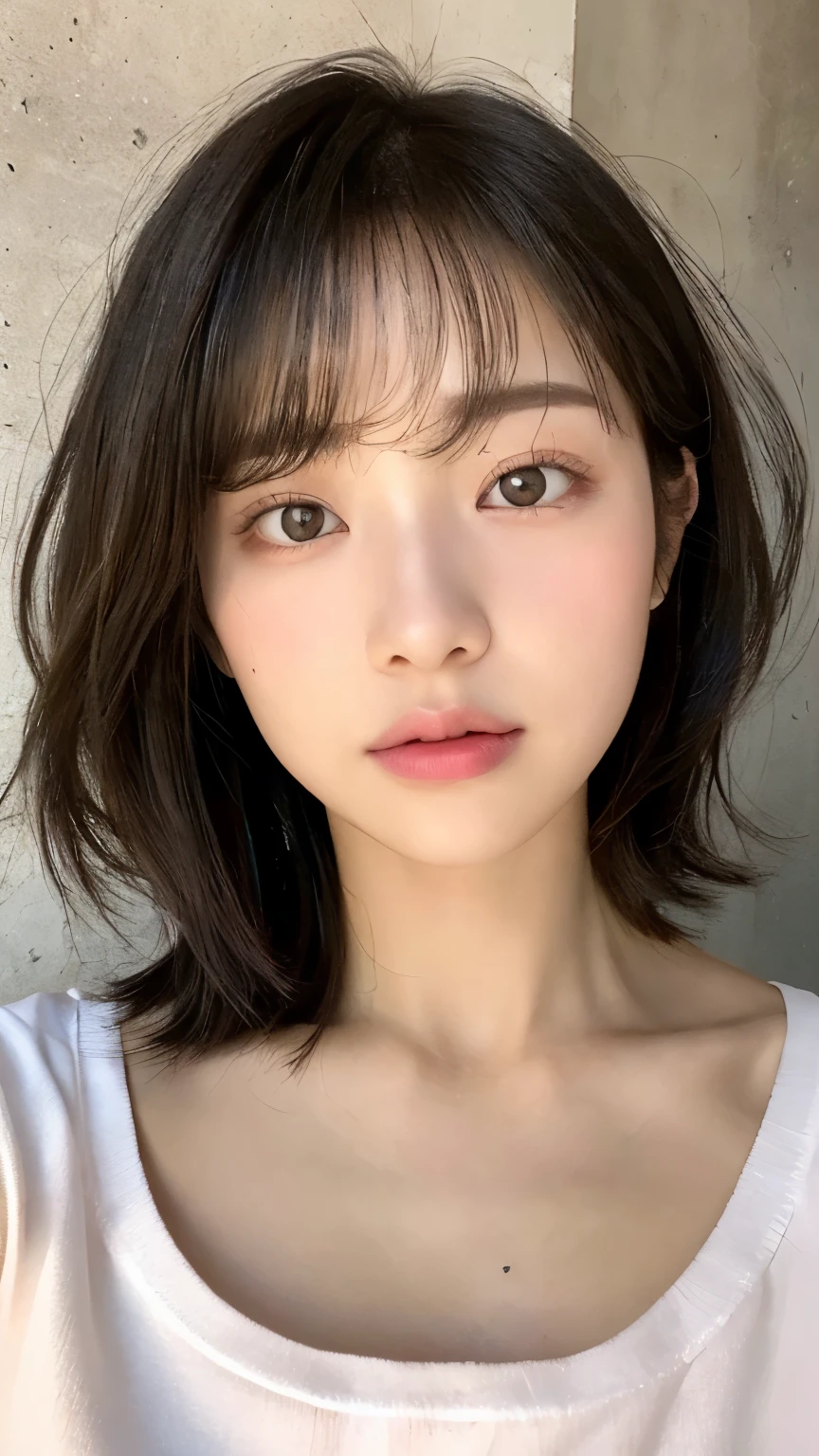 (highest quality、16K resolution)1 girl、solo、dark room、Natural pink soft light、、japanese woman、look at the camera、white t-shirt、concrete background、facing the front、standing、beaver、woman in her late teens、light bangs、short hair、salon model、natural look、Portrait、floating hair、curled hair