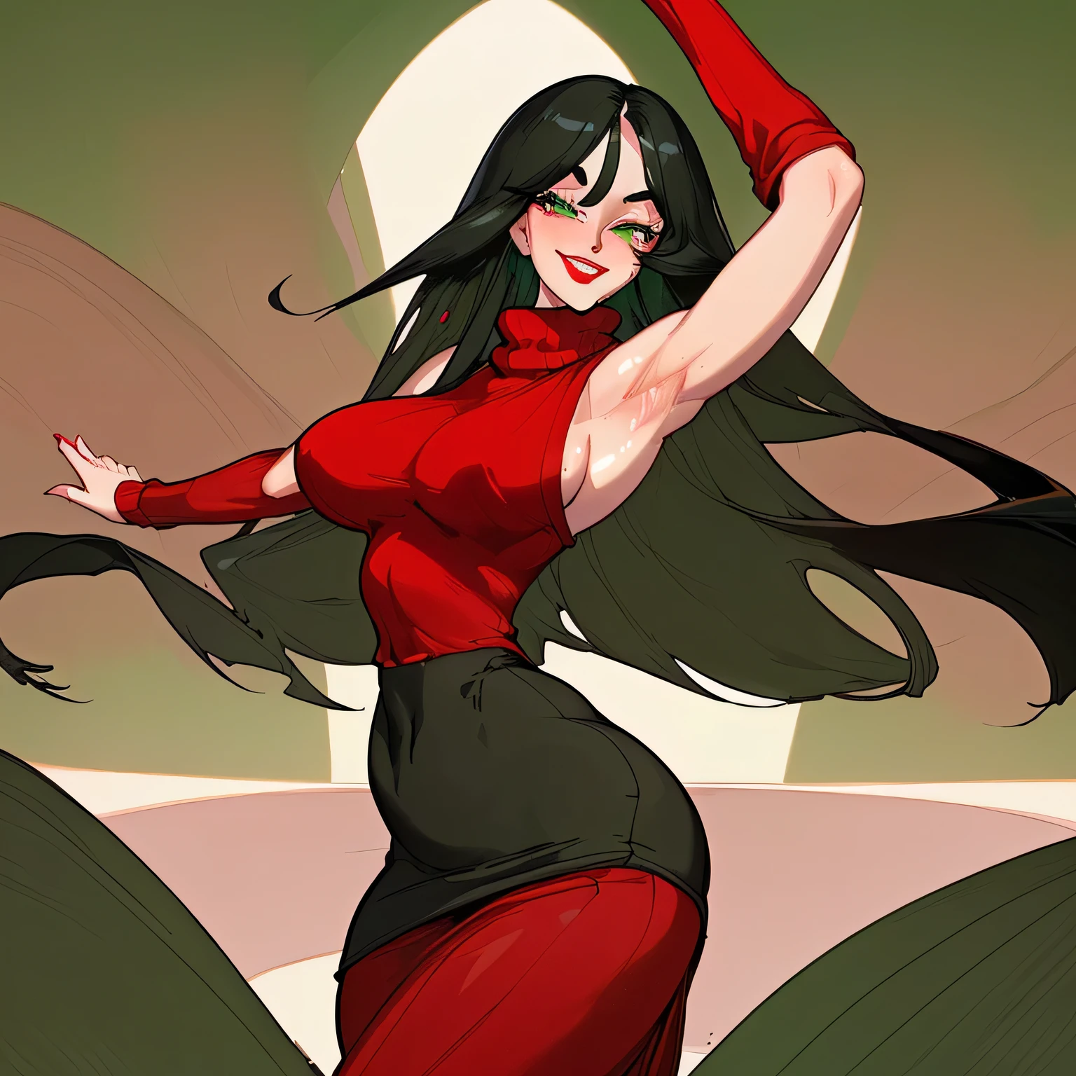Beautiful face, large curves and areolas, long straight black hair, long bangs covering the face, green eyes, red lipstick, loose sweater, tight long skirt. (raises arms to show armpits, breathes heavily, steams hot, face turns red, sweats profusely, eyes squinted, smiles showing teeth)