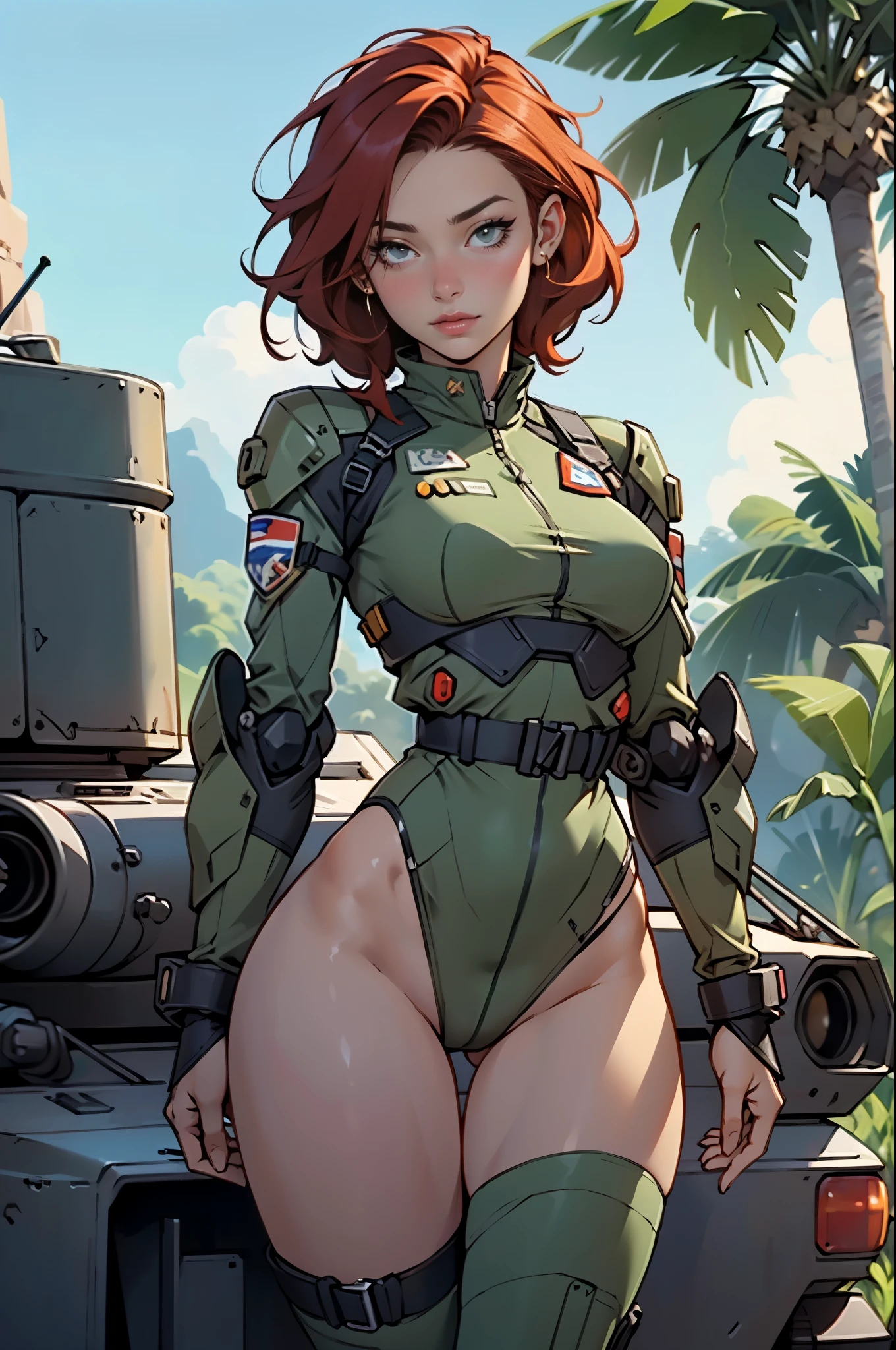 1woman 20 years old, sculpted, military, wearing a soldier helmet, beautiful, perfect body, realistic, red hair, perfect body, thin waist, full outfit, nice hips, large breasts, slim thighs, jungle background, armored vehicle, flying fighters, military robot dog, camouflaged uniform, wealth of details, tight panties marking on the front, head to toe, highly detailed, high resolution, prefect hands, slender thighs, thigh gap