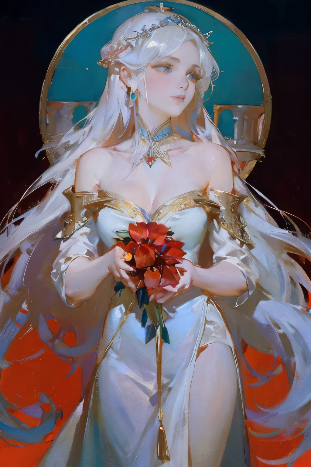 neon, garden, red and blue tones, a girl dressed in a pale white simple silk dress with silver embroidery, a face similar to Daenerys, long white hair, stunning blue eyes, expressive breasts, gold jewelry, delicate face, intricate details, beautiful fantasy setting, 8K, HD