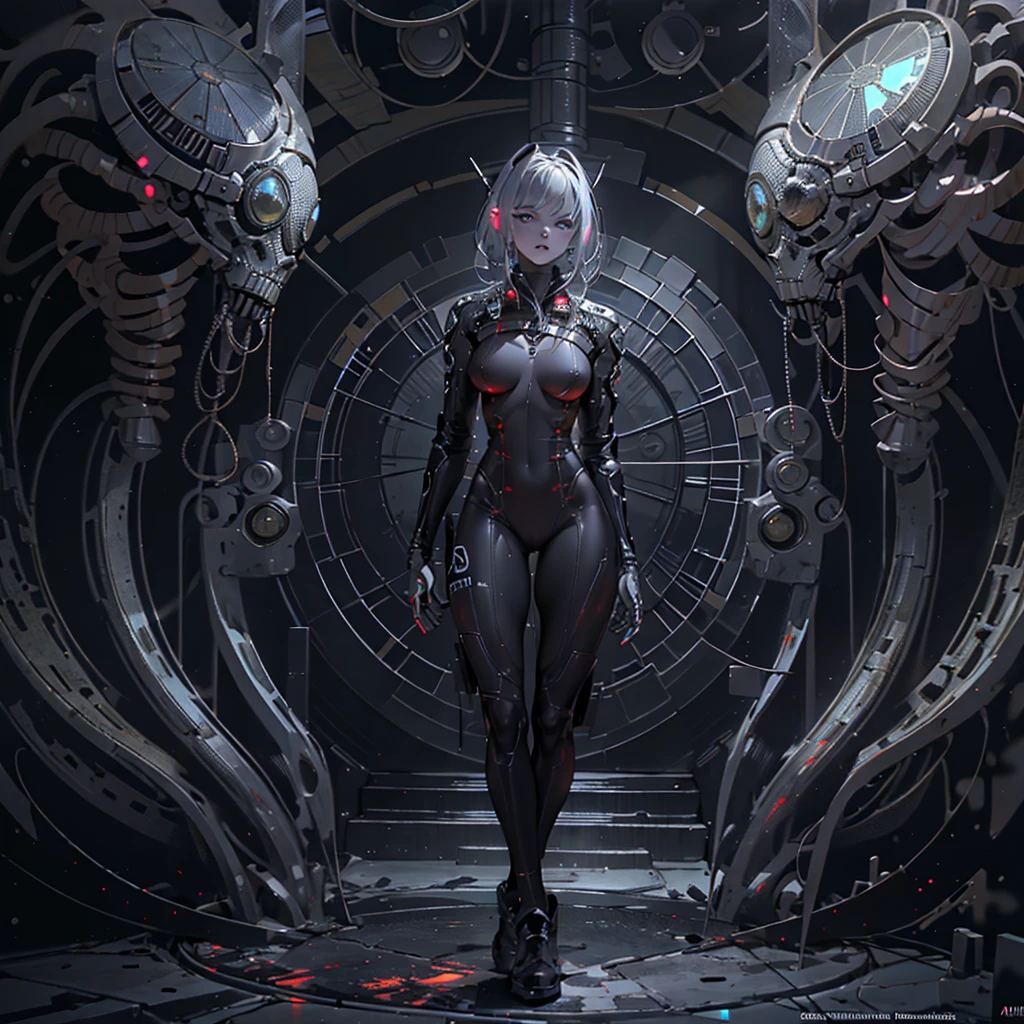 (1 girl;1.3), One, ((((full length, full length )))) (((very detailed face))), Beautiful detailed eyes, body parts, Unified Wallpaper 8K, Super detailed, Beautiful, and Beautiful. Beautiful, masterpiece, Best quality, original masterpiece, super good photo, Best quality, super high resolution, realistic realism, Портрет full length, amazing beauty, dynamic pose, gentle face, Bright eyes. (front) She wears Hr. Giger the Extra-Terrestrial left a black alien archaic with red elements, latex, and plastic. The backstory is a very detailed, alien ship in the style of Hr. Giger the Extra-Terrestrial, High detail, dark space, Other worlds, The light of distant stars in the background, detailed detail, high quality, muffled light, gloomy environment. It is a frightening cinematic setting, messy and gorgeous. Girl with white skin, realistic detailed skin, visible pores, clear focus, volumetric mist near the floor, 8 k, UHD, SLR camera, high quality, granularity. bright skin, photorealism, Lomography, Fantasy Dark Biopunk, Utopian reality. translucent.