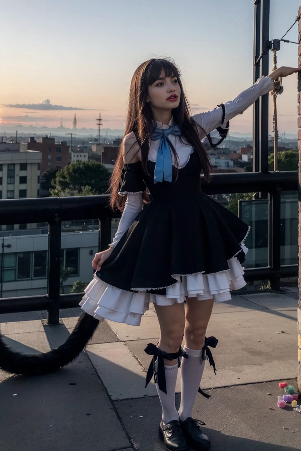 (masterpiece), best quality, fit but meaty, woman in her 30's, frederica bernkastel, dress, tail bow, purple hair, bowtie, cat tail,, socks, (crazy eyes:1.2), (troll face), (flying), (candy:1.4), sky, outside, red sky, milky way, stunningly beautiful, cyberpunk, photorrealistic, standing position,