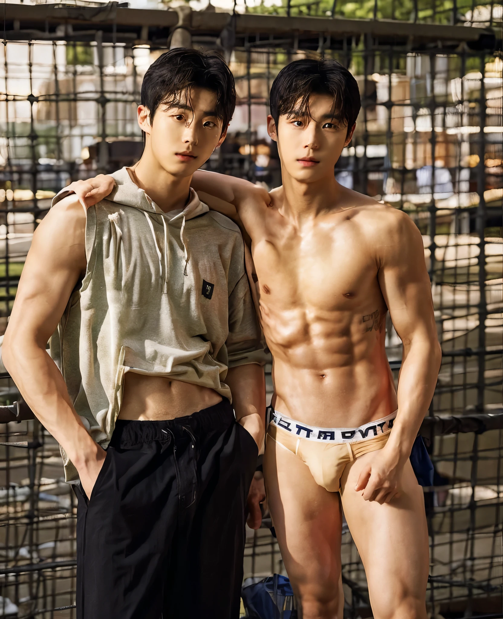 (2 American-japanese actor age guys in picture)), light brown underwear standing in central park, skinny fat body