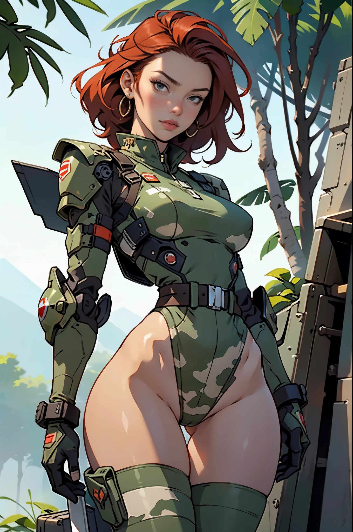 1woman 20 years old, sculpted, military, wearing a soldier helmet, beautiful, perfect body, realistic, red hair, perfect body, thin waist, full outfit, nice hips, large breasts, slim thighs, jungle background, armored vehicle, flying fighters, military robot dog, camouflaged uniform, wealth of details, tight panties marking on the front, head to toe, highly detailed, high resolution, prefect hands, slender thighs, thigh gap