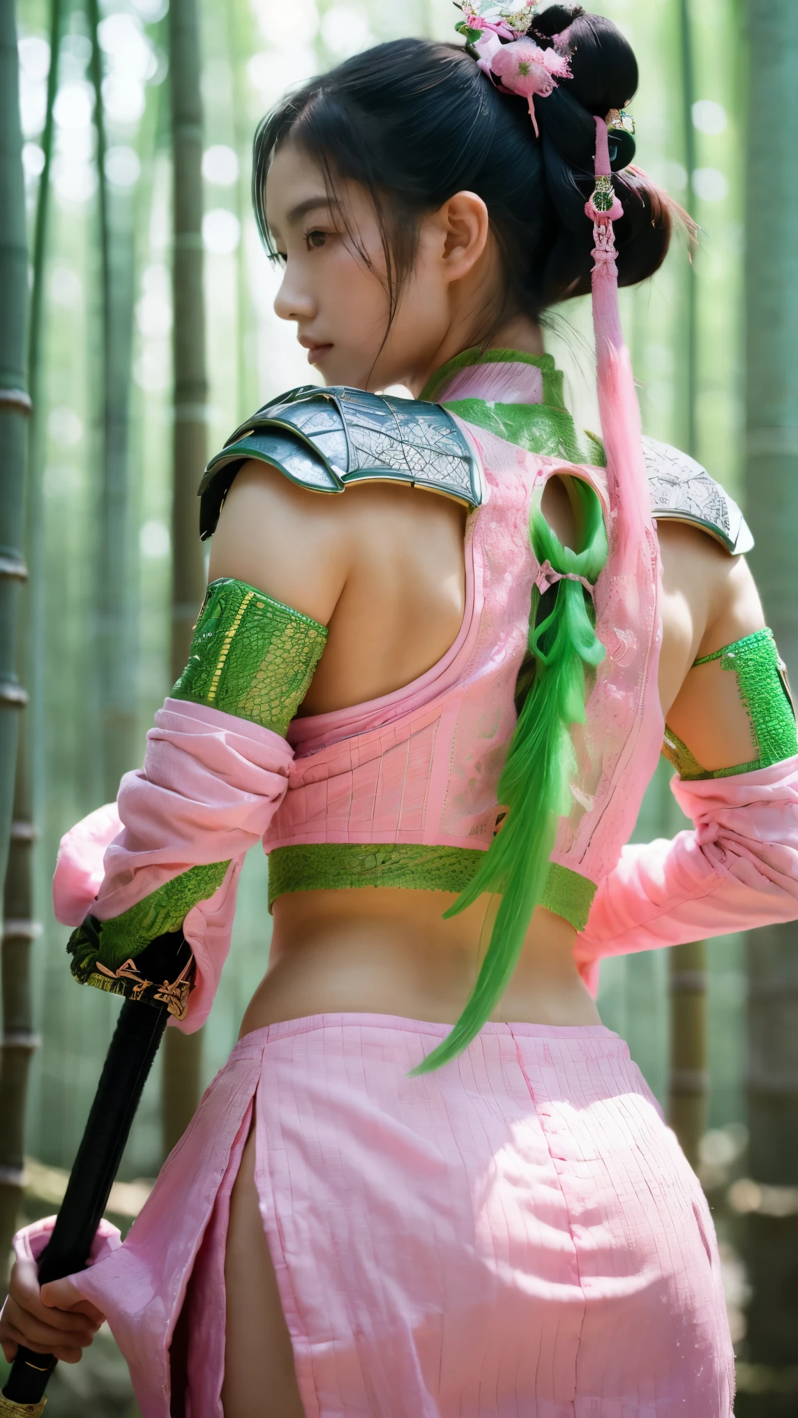 (Masterpiece,high definition, best quality, superior quality, intricate details, beautiful aesthetic:1.2),high quality, 8k, raw, ultra details, extremely detailed and beautiful,A fierce samurai warrior maiden wields a glowing pink katana as she battles an ancient green dragon amidst a magical misty bamboo forest, ribbons and leaves swirling around her. Dynamic action pose, flowing pink and green fabrics, neon lighting, intricate armor details. Japanese fantasy landscape.16k,Girl Facing Dragon,Back to camera,Lens hyperopia mecha musume,mechanical parts, 3d render, cgi, symetrical, octane render, 35mm, bokeh, (intricate details:1.12), hdr, (intricate details, hyperdetailed:1.15)