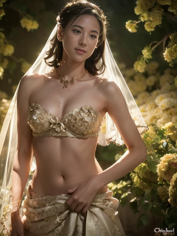 masterpiece, (photorealistic:1.4), best quality, beautiful lighting, rose garden, outdoors, upper body, 1 girl, natural beautiful female, slender woman, ((small breasts)). bride of flower, blushing face, smiling, ((chignon blonde hair)), gold eyes, detailed, intricate, RAW photo, 8k uhd, film grain,
(((extremely detailed flower lace brassiere, loincloth,  flower wedding veil))),
extremely detailed gorgeous flower tiara, gorgeous flower necklace