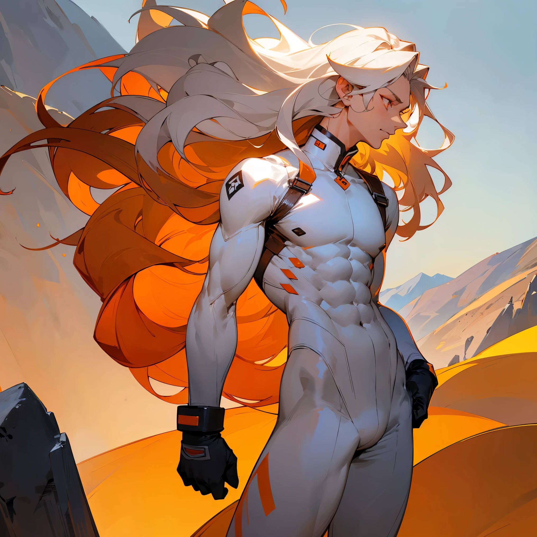 1male , Long Hair , Wavy Hair , White Hair , Orange Eyes , Orange Facial Pain across nose , Muscular , White Bodysuit , Baggy Grey Pants , Black Gloves , Mountain Background , Standing in Canton 