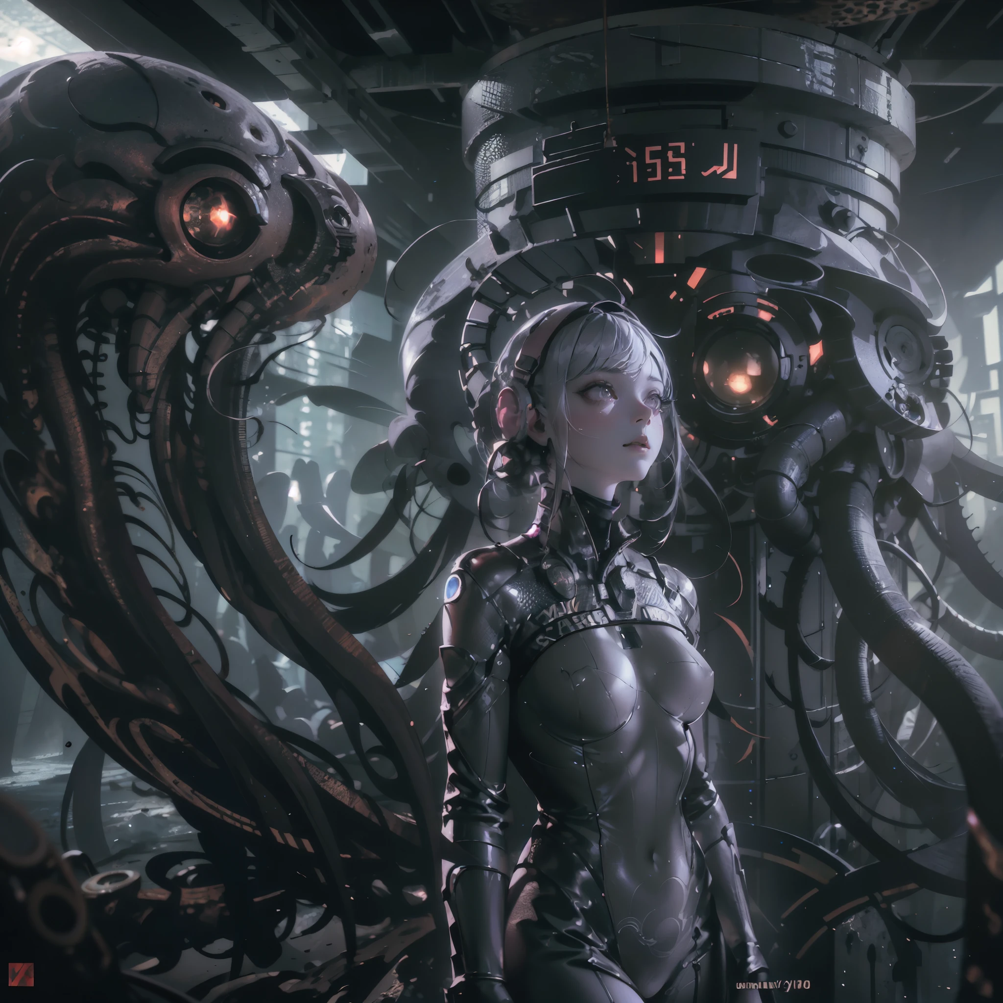 (1 girl;1.3), One, ((((full length, full length )))) (((very detailed face))), Beautiful detailed eyes, body parts, Unified Wallpaper 8K, Super detailed, Beautiful, and Beautiful. Beautiful, masterpiece, Best quality, original masterpiece, super good photo, Best quality, super high resolution, realistic realism, Портрет full length, amazing beauty, dynamic pose, gentle face, Bright eyes. (front) She wears Hr. Giger the Extra-Terrestrial left a black alien archaic with red elements, latex, and plastic. The backstory is a very detailed, alien ship in the style of Hr. Giger the Extra-Terrestrial, High detail, dark space, Other worlds, The light of distant stars in the background, detailed detail, high quality, muffled light, gloomy environment. It is a frightening cinematic setting, messy and gorgeous. Girl with white skin, realistic detailed skin, visible pores, clear focus, volumetric mist near the floor, 8 k, UHD, SLR camera, high quality, granularity. bright skin, photorealism, Lomography, Fantasy Dark Biopunk, Utopian reality. translucent.