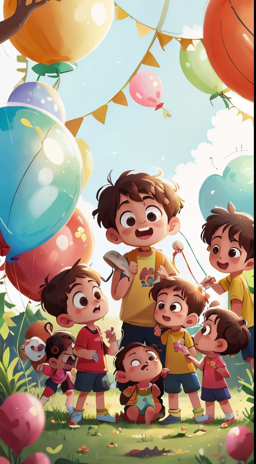 6 kids in total in one frame, zoo, many balloons, happy, happy, perfect quality, clear focus (clutter - home: 0.8), (masterpiece: 1.2) (realistic: 1.2) (bokeh) (best quality) (detailed skin: 1.3) (complex details) (8K) (detail eyes) (sharp focus), (happy) full body, two children, clean background, long view composition, 85MM SHOT