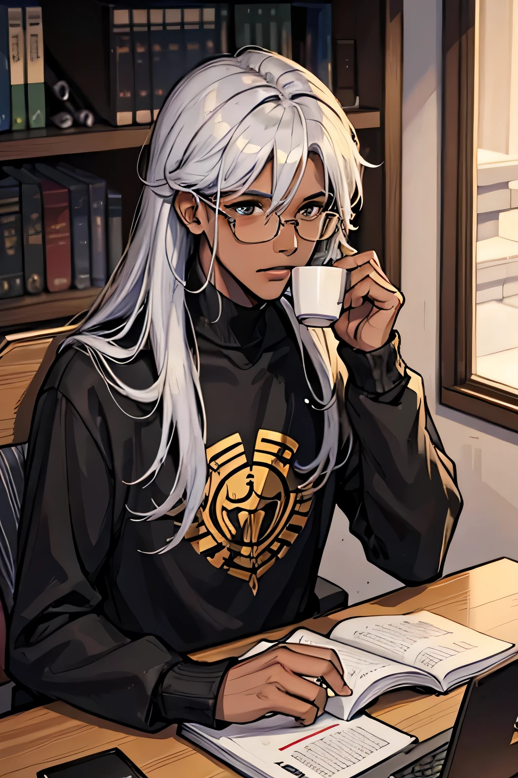 21-year-old male, black skinned, long sliver hair, Sweaters, chest muscle, Gold-framed glasses, busy in his laptop with a cup of tea close to him. With laptops and well arranged dollars cash behind him. Laptops, silver hair. With is book on the table with a written boldly written in capital letters Techrider. Techrider written on his cloth front